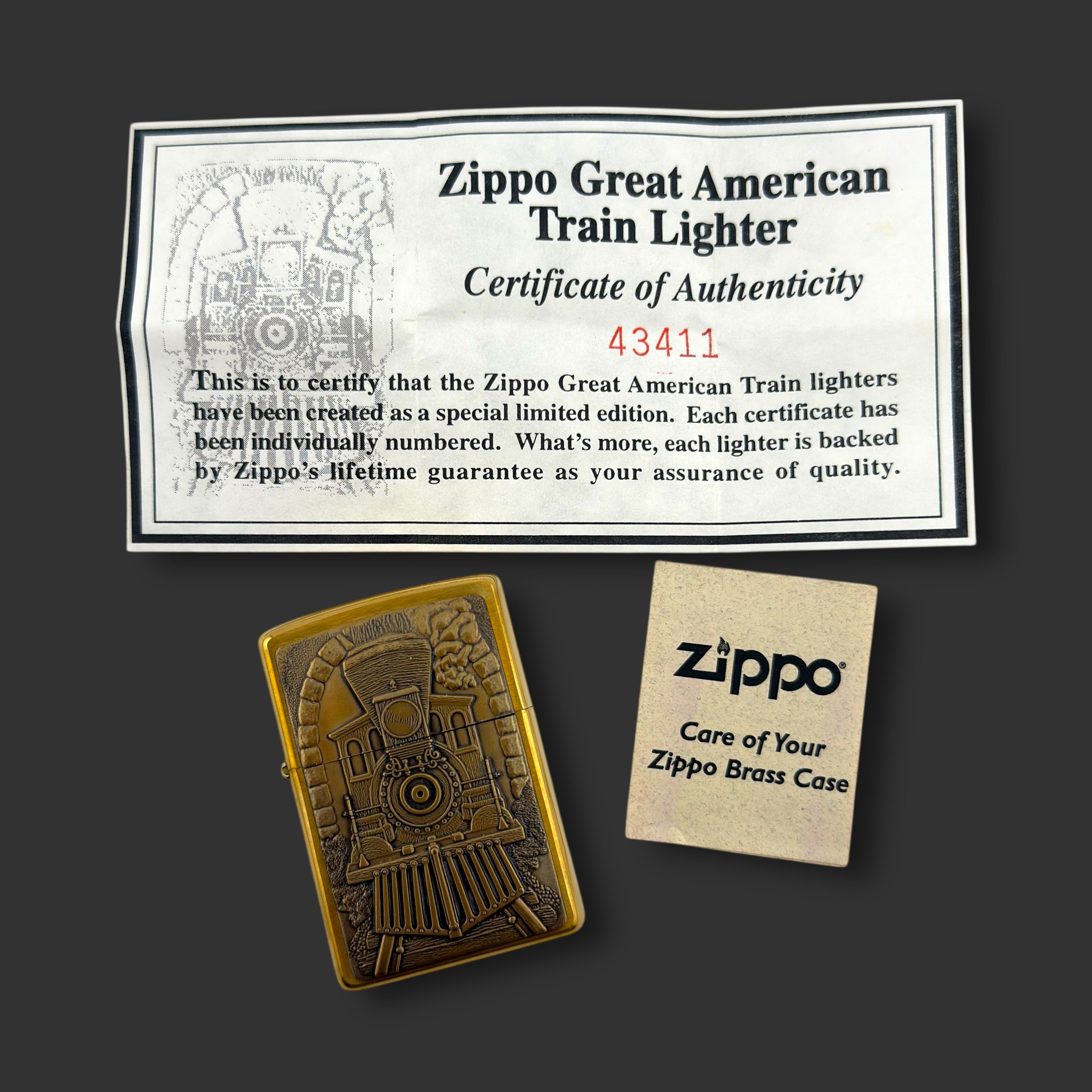 1998 Zippo Lighter - Barrett Smythe Train - Brushed Brass