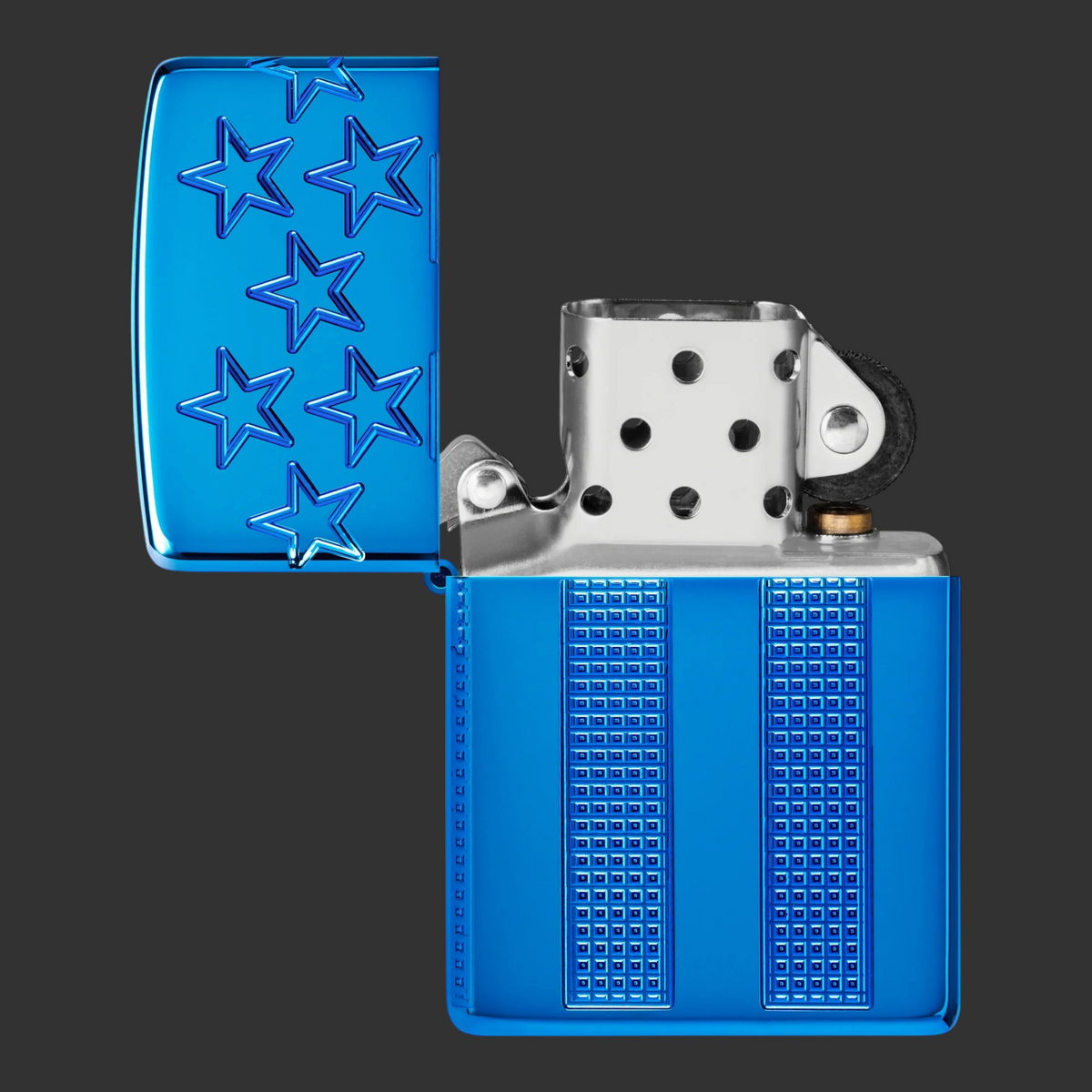 Lid Open High Polish Blue Armor Zippo lighter with carved stars and textured stripes in a patriotic MultiCut design