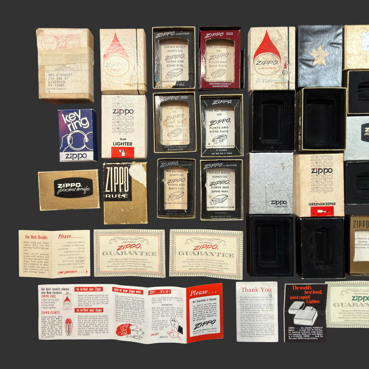 Lot of Vintage Zippo Box Parts & Paperwork
