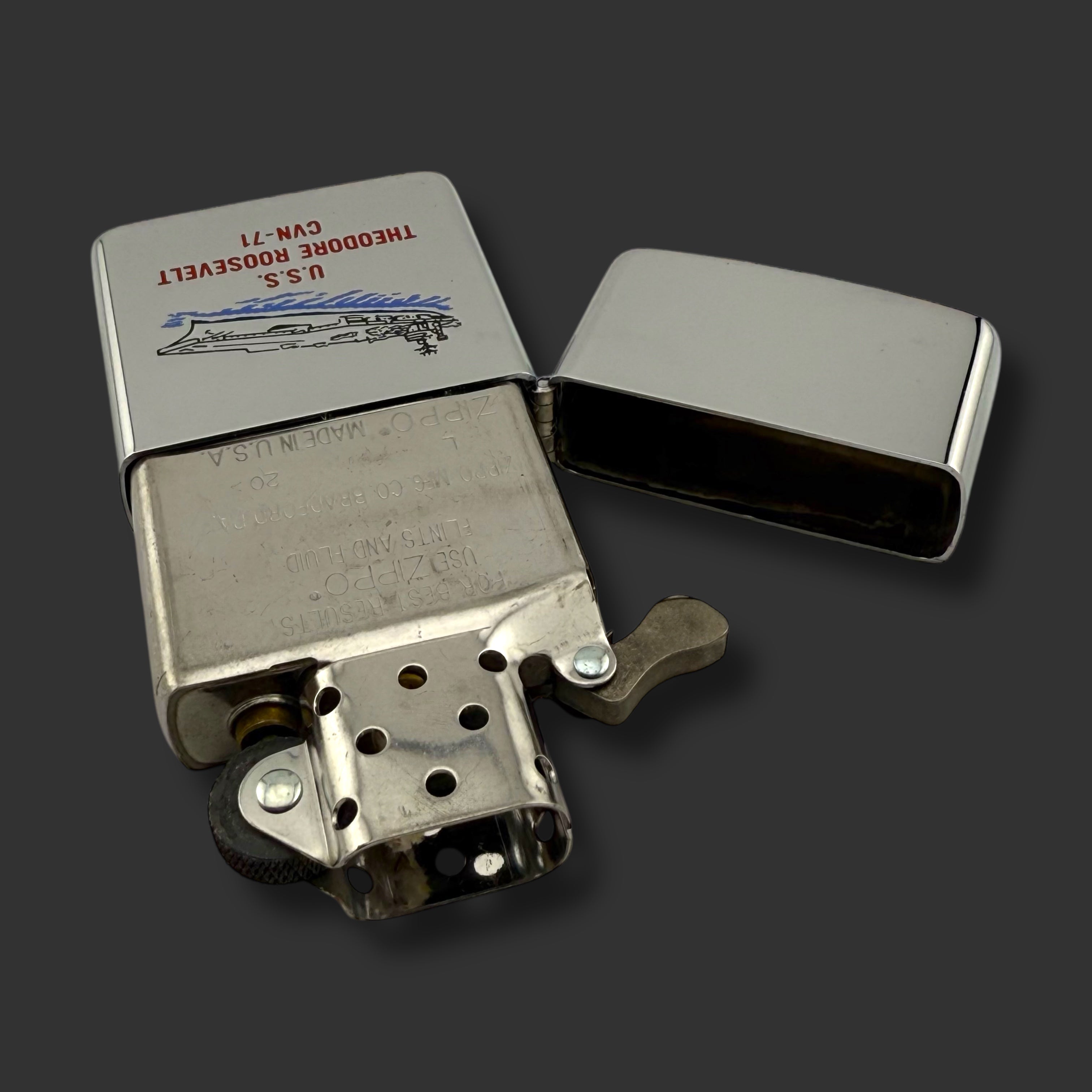 1990 Zippo Lighter - USS Roosevelt - Etch & Paint - High Polish Chrome