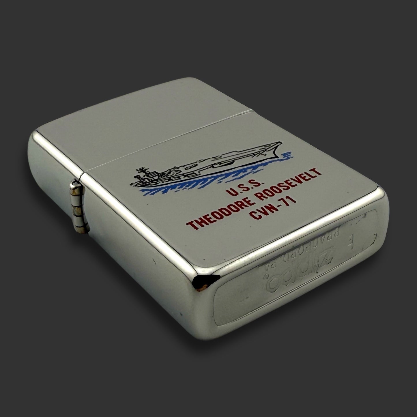 1990 Zippo Lighter - USS Roosevelt - Etch & Paint - High Polish Chrome