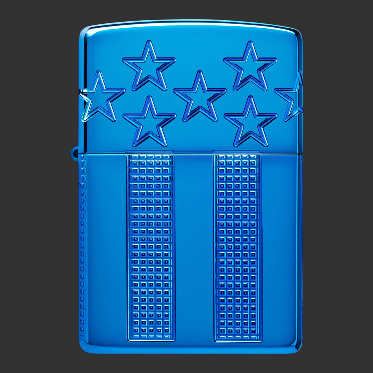 High Polish Blue Armor Zippo lighter with carved stars and textured stripes in a patriotic MultiCut design