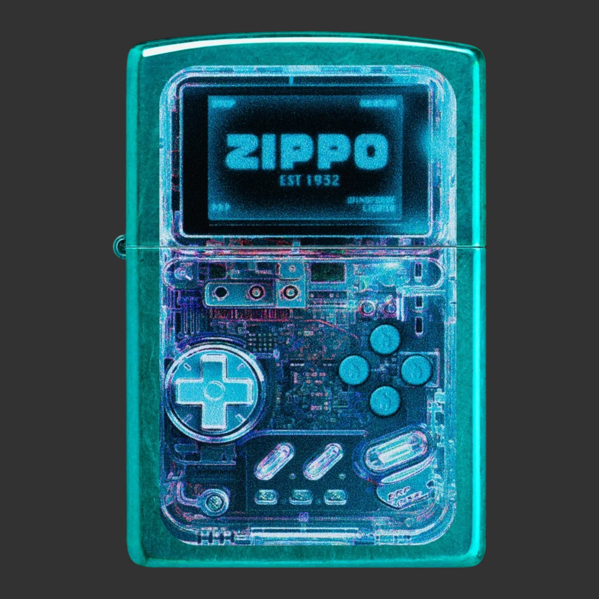 Candy Teal Game On Zippo lighter with retro translucent gaming-device design.