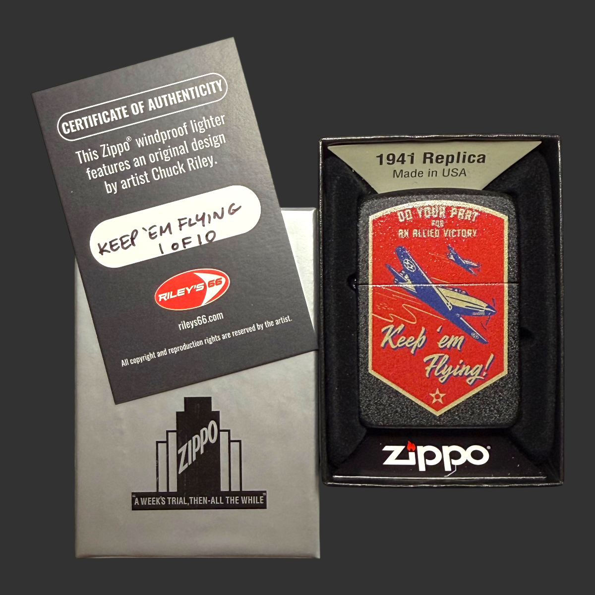 Riley's 66 Keep 'Em Flying Limited Edition Black Crackle Zippo in Zippo gift box with Certificate of Authenticity numbered 1 of 10, by artist Chuck Riley