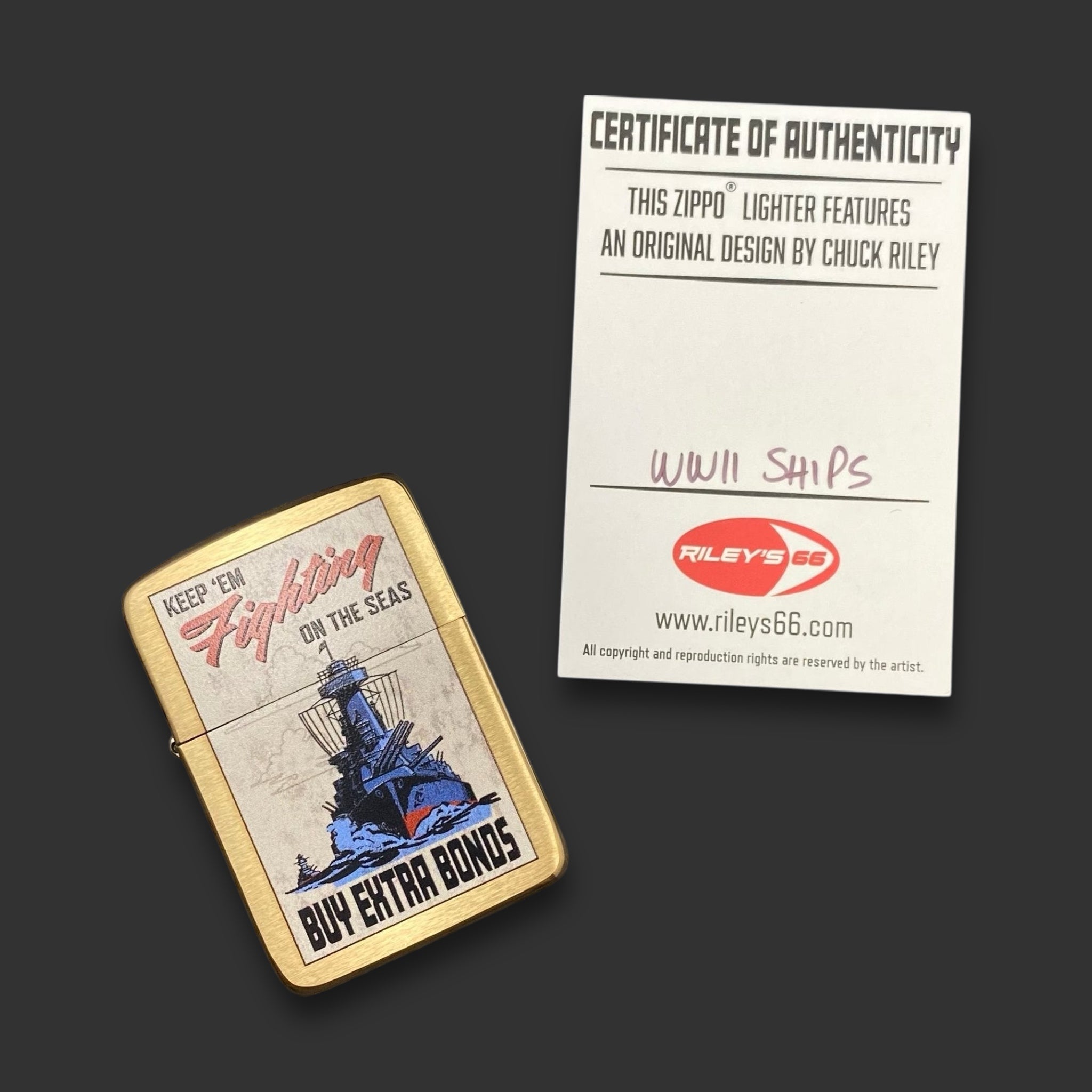 EXCLUSIVE - Riley's 66 Zippo Lighter - Keep 'Em Fighting - Brushed Brass