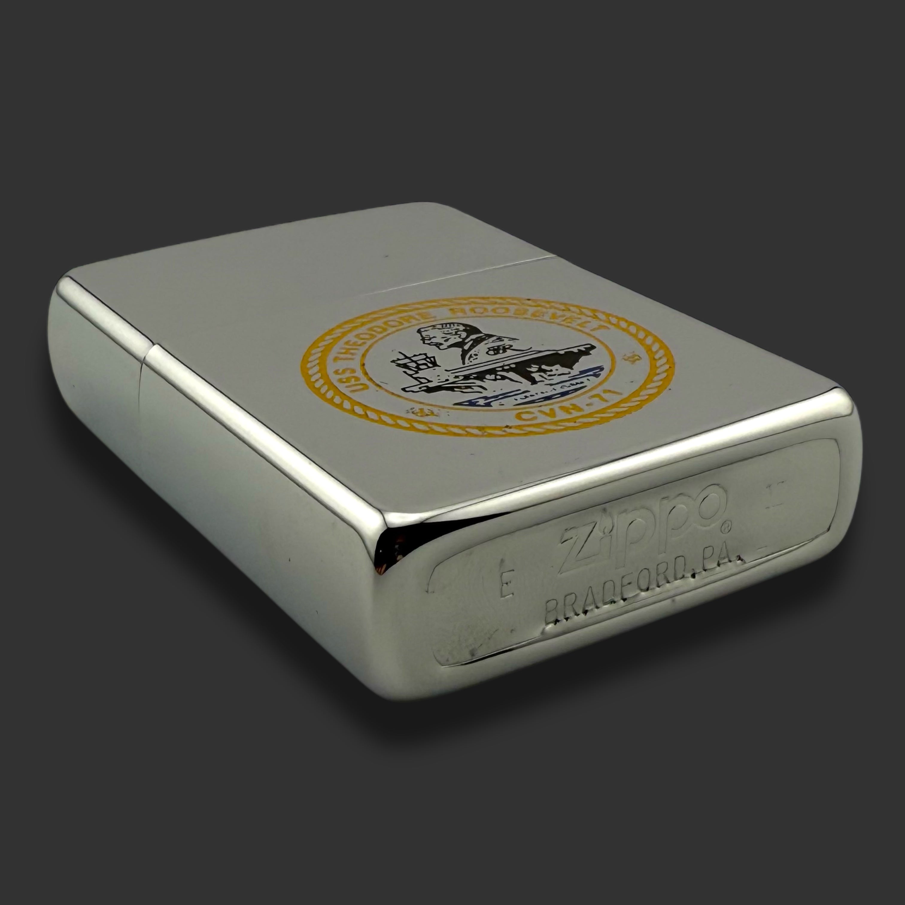 1990 Zippo Lighter - USS Roosevelt - Etch & Paint - High Polish Chrome