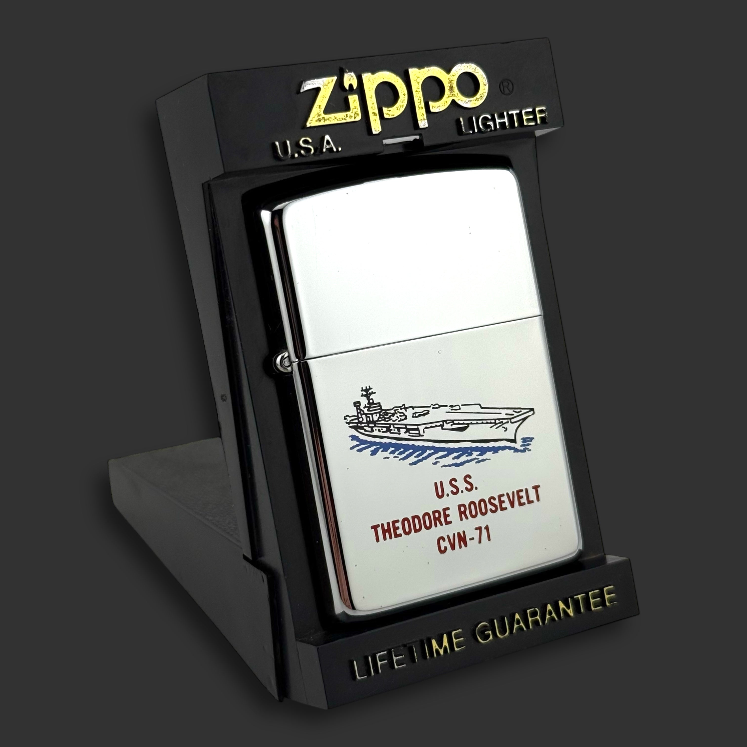 1990 Zippo Lighter - USS Roosevelt - Etch & Paint - High Polish Chrome