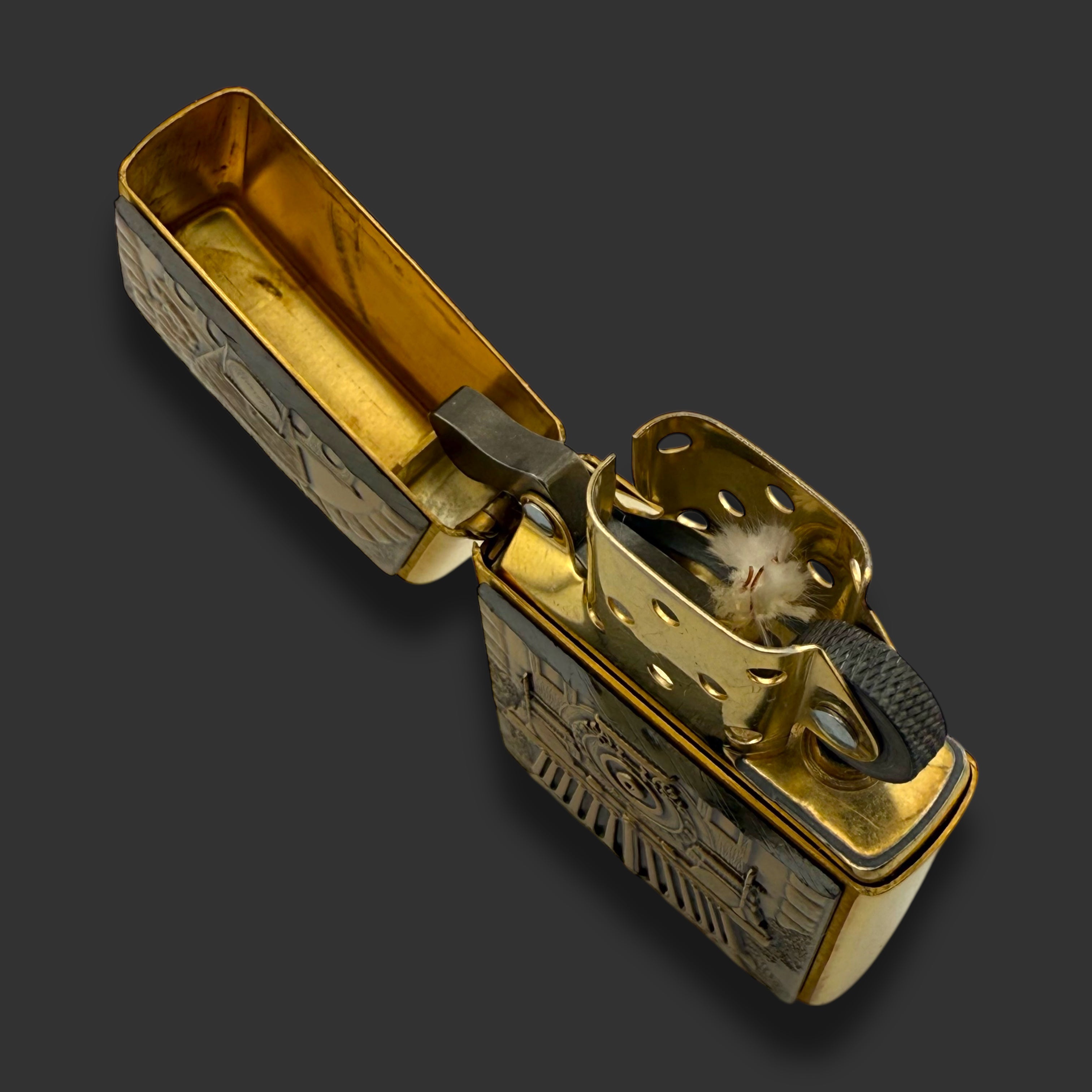 1998 Zippo Lighter - Barrett Smythe Train - Brushed Brass