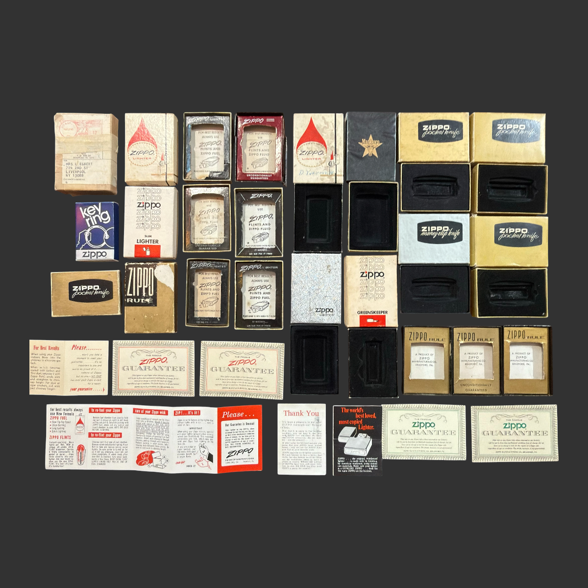 Lot of Vintage Zippo Box Parts & Paperwork