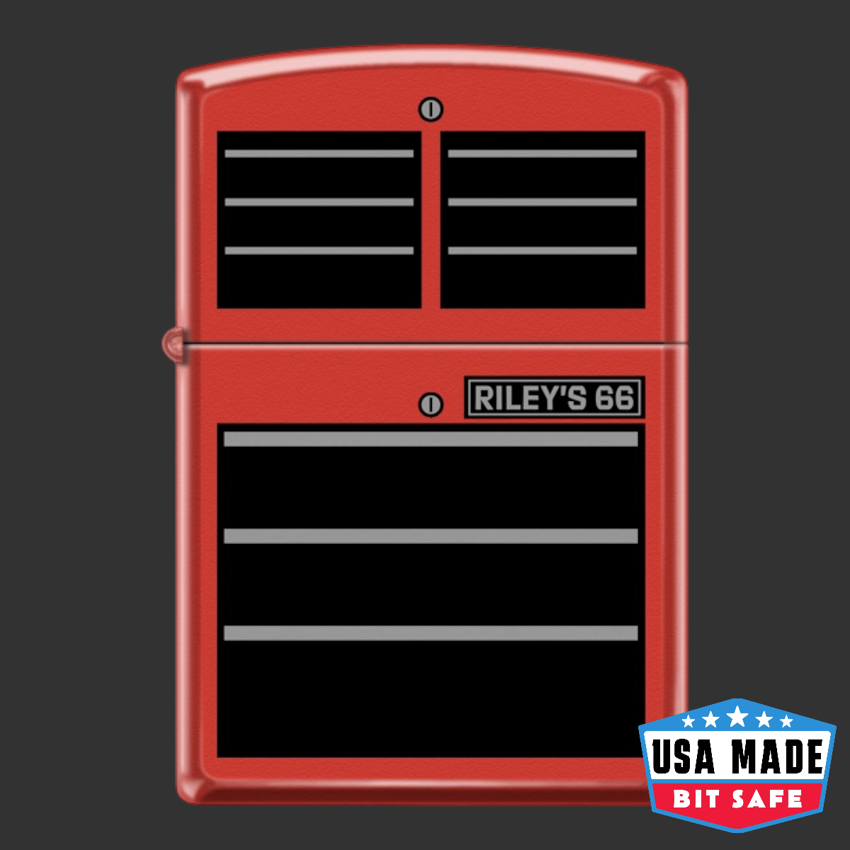 Original Riley's 66 Red Toolbox Zippo Bit Safe Screwdriver — Red Matte finish with USA Made Bit Safe Insert. Exclusive Custom Design.