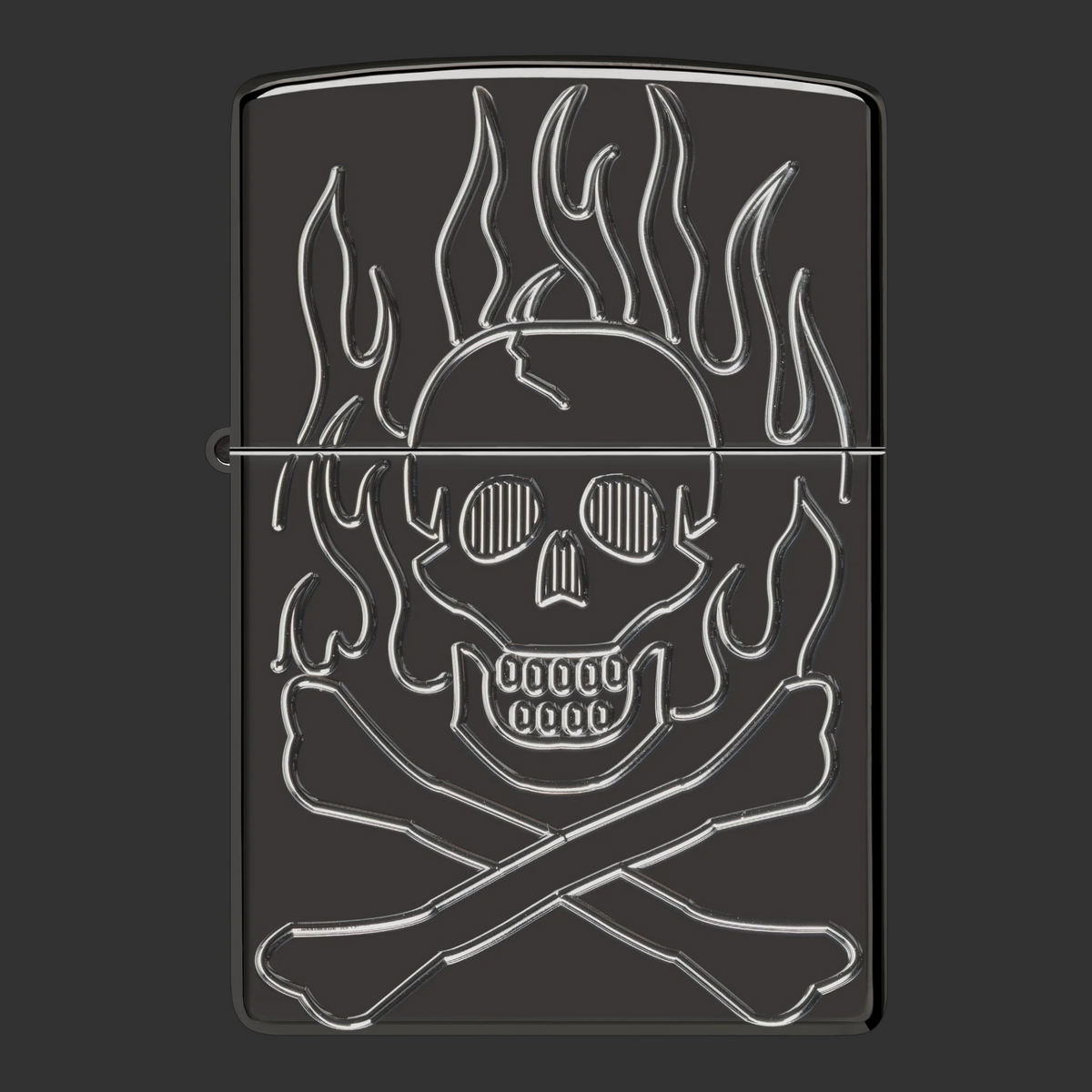 High Polish Black Armor Zippo lighter with Deep Carve flaming skull and crossbones design