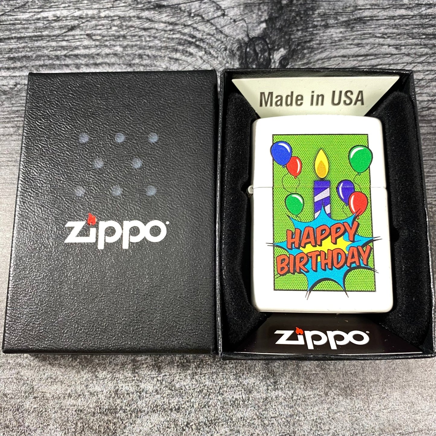 JV EXCLUSIVE HAPPY BIRTHDAY ZIPPO LIGHTER - WHITE MATTE - Riley's 66 LLC