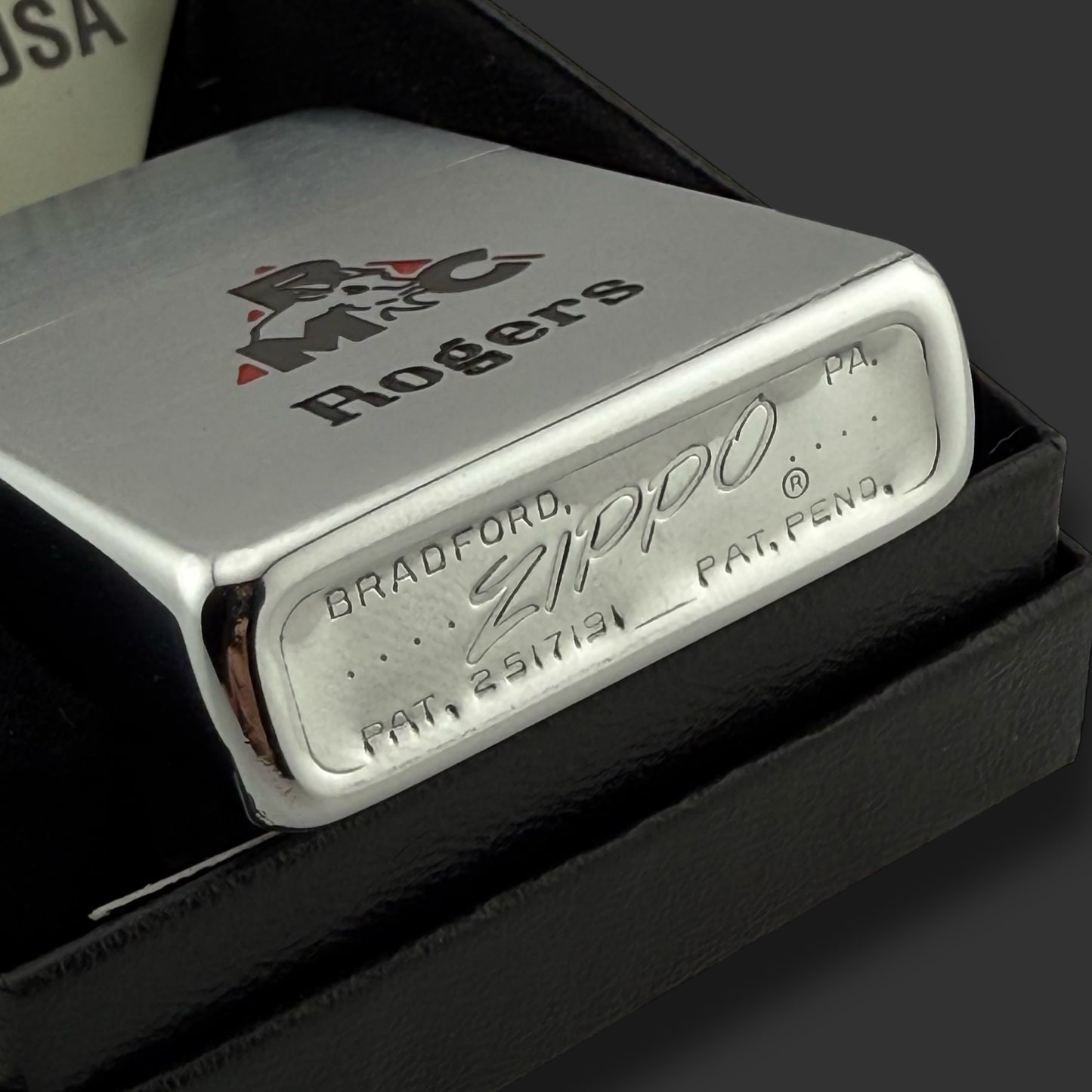 1955 Zippo Lighter - Roger Machinery Company - Etch & Paint - Brushed Chrome