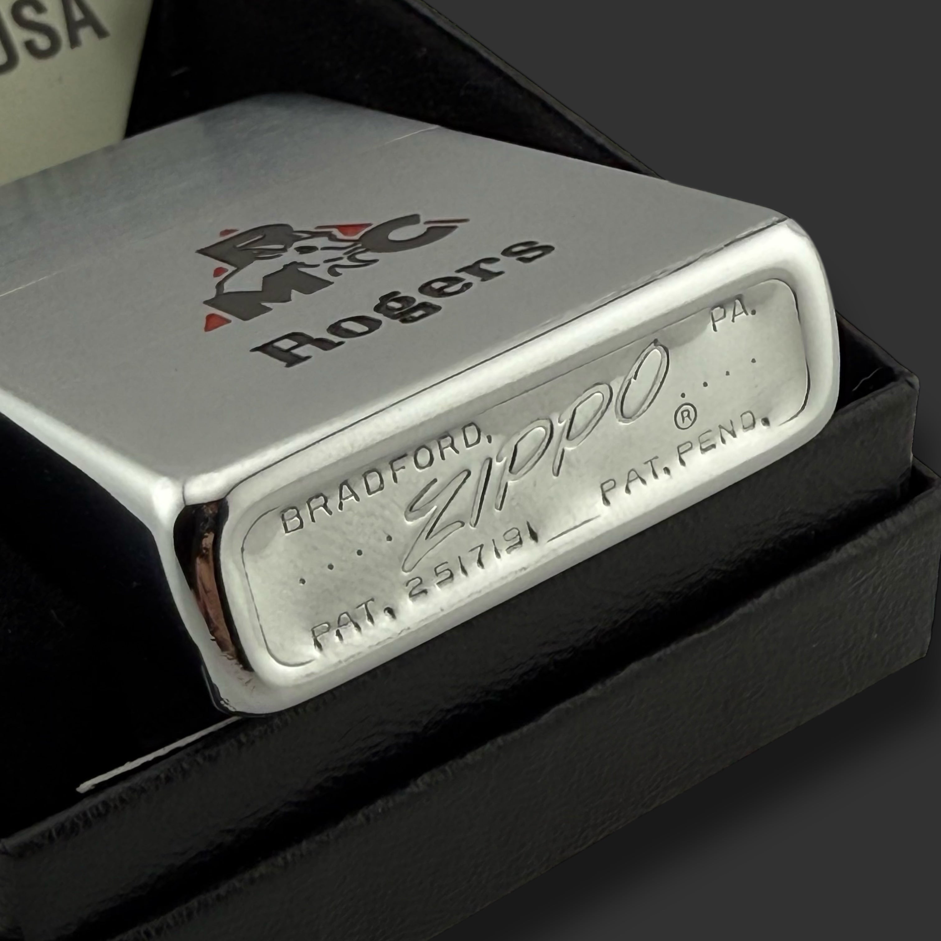 1955 Zippo Lighter - Roger Machinery Company - Etch & Paint - Brushed Chrome