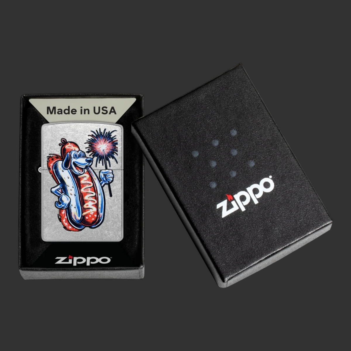 Freedom Frank Street Chrome Zippo lighter with patriotic hot dog holding a sparkler in original box
