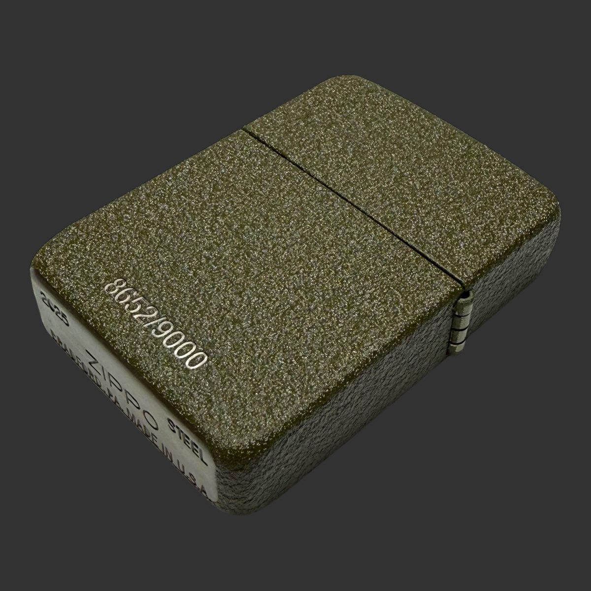 2025 Zippo 80th Anniversary WWII Victory lighter – front view, alternate angle showing full laser-engraved V for Victory design on olive green textured steel