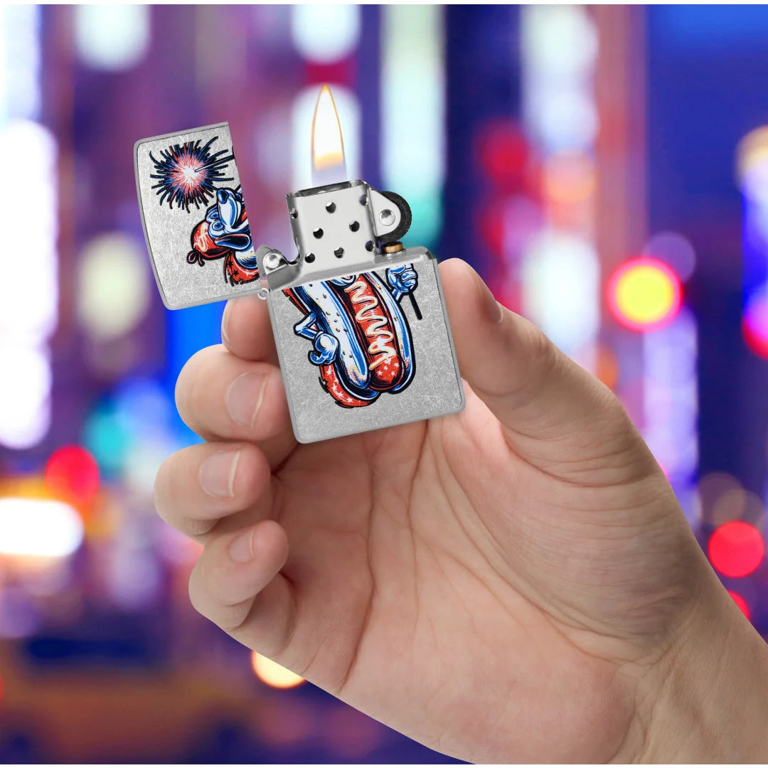 Freedom Frank Street Chrome Zippo lighter with patriotic hot dog holding a sparkler in hand.