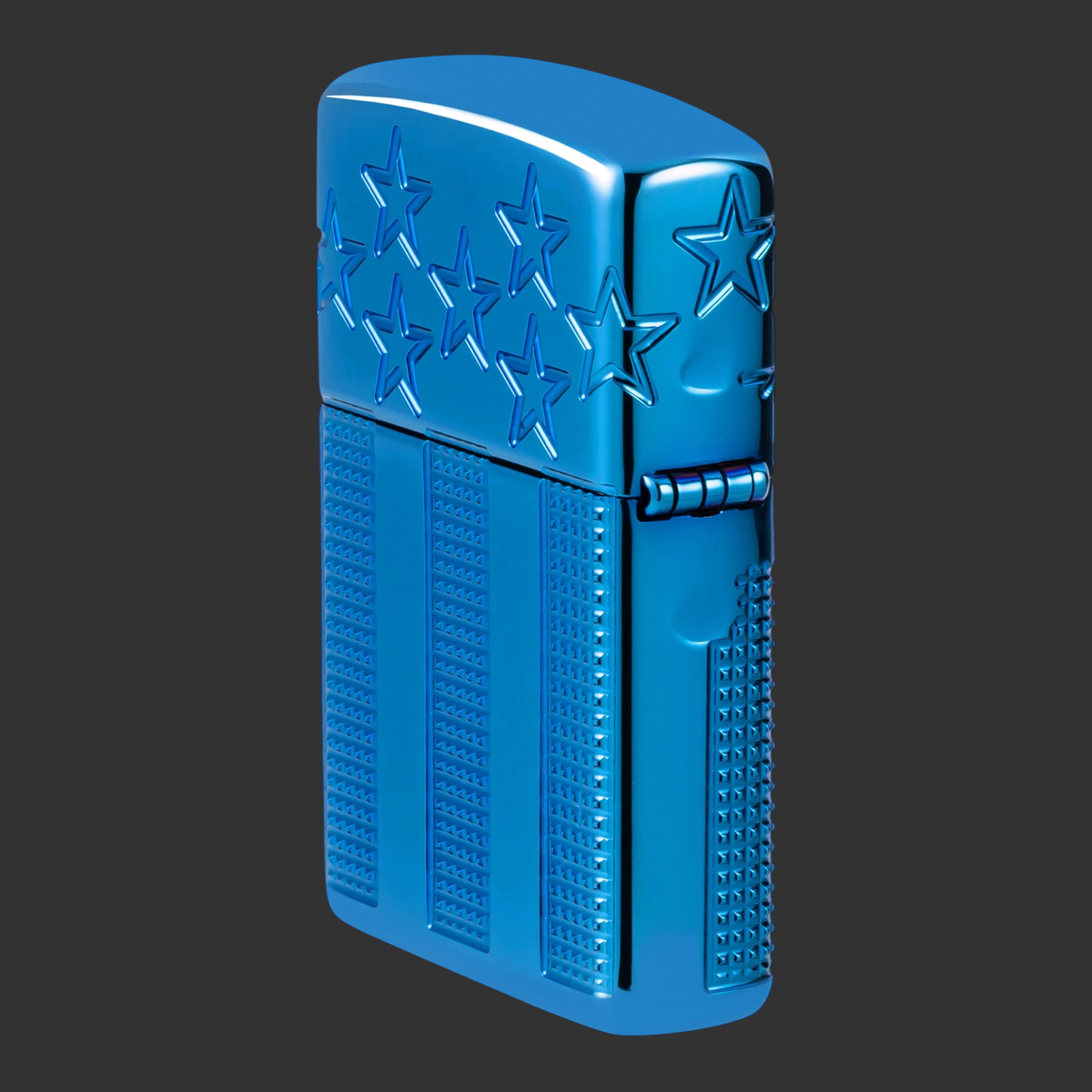 Back side view High Polish Blue Armor Zippo lighter with carved stars and textured stripes in a patriotic MultiCut design