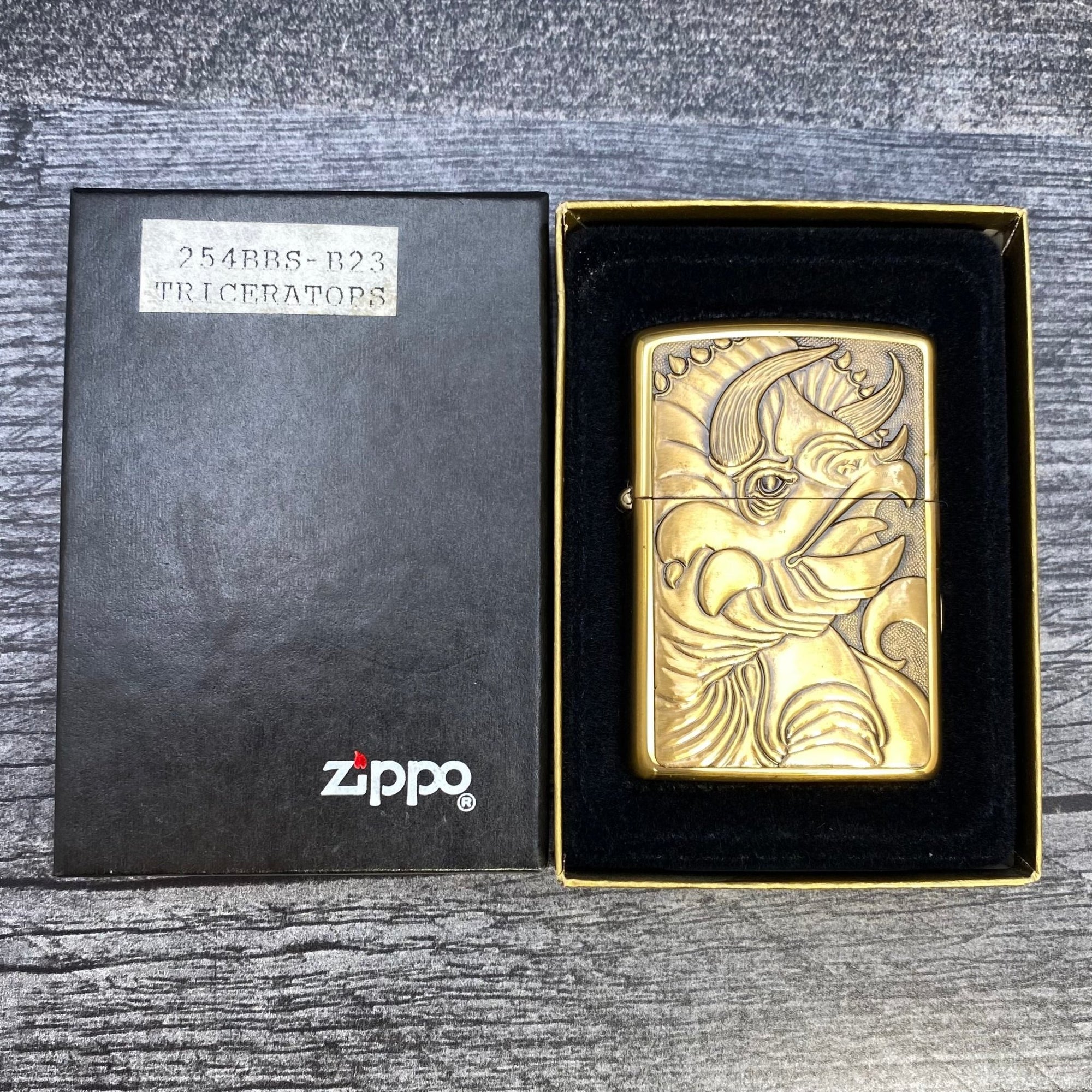 1993 Zippo Lighter - Triceratops - Barrett Smythe - High Polish Brass - Riley's 66 LLC