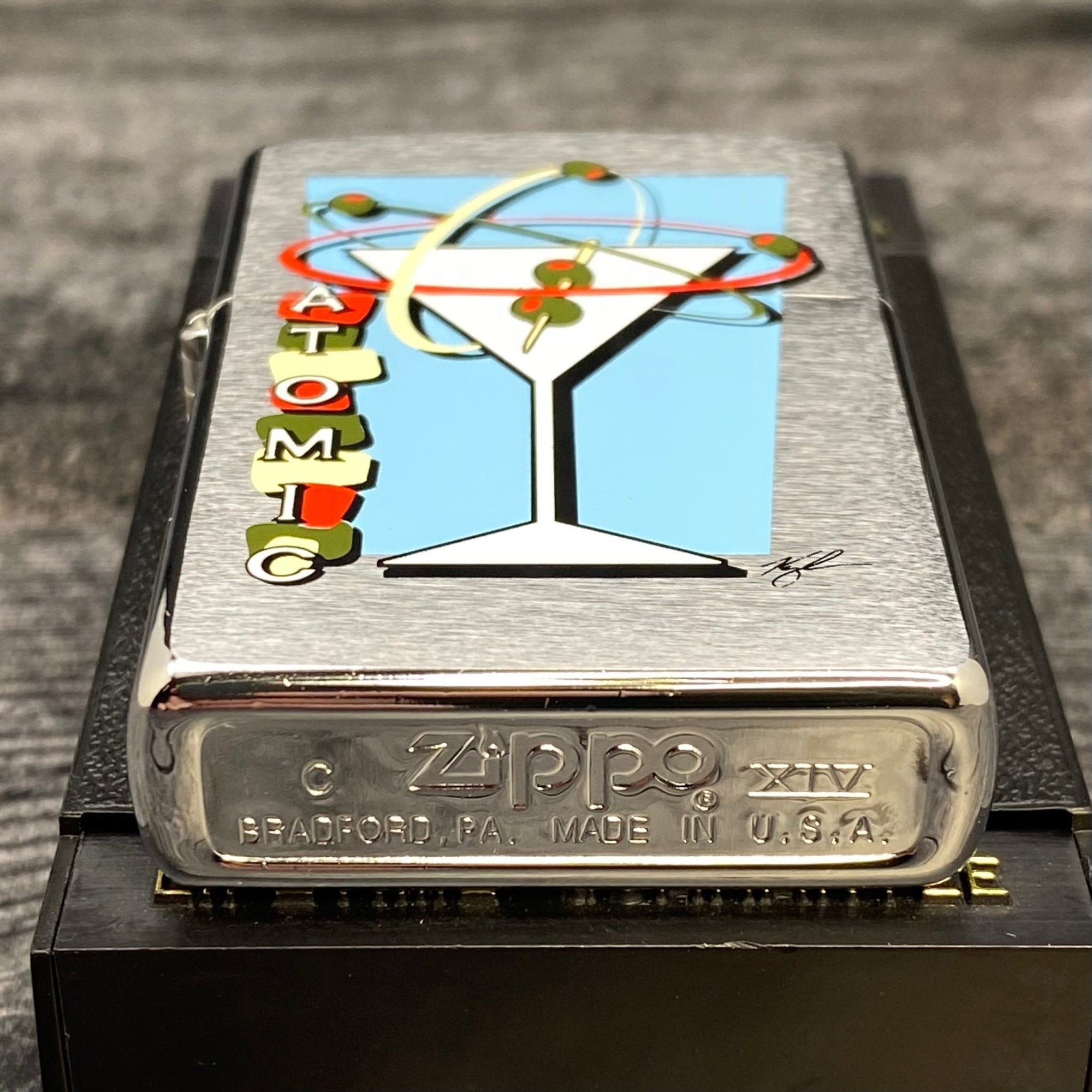 1998 Zippo Lighter - Atomic Martini - Brushed Chrome - Riley's 66 LLC