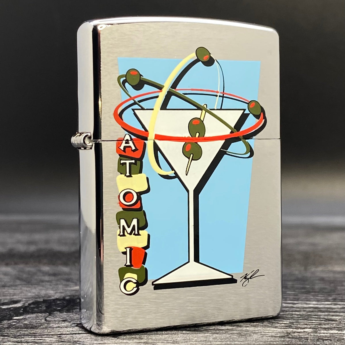 1998 Zippo Lighter - Atomic Martini - Brushed Chrome - Riley&#39;s 66 LLC