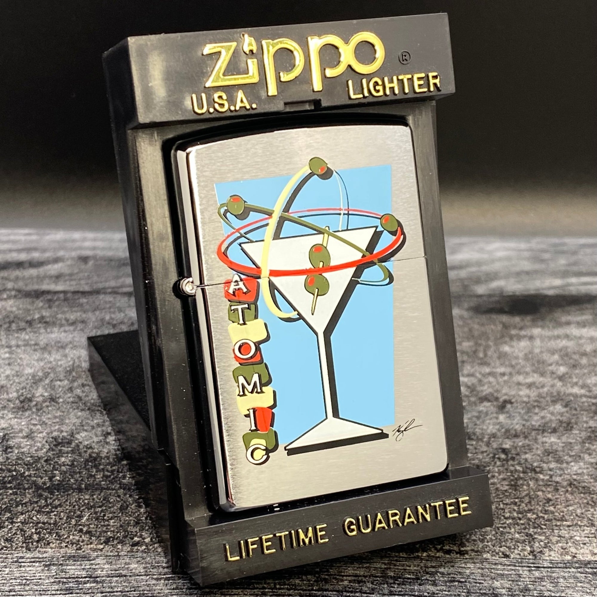 1998 Zippo Lighter - Atomic Martini - Brushed Chrome - Riley's 66 LLC