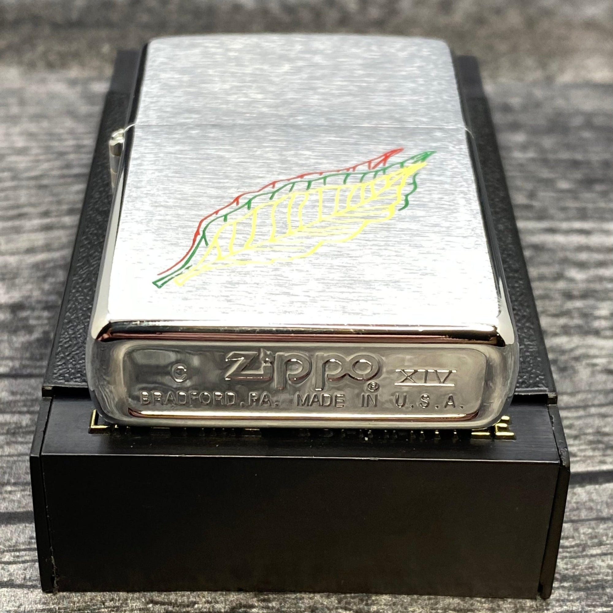 1998 Zippo Lighter - Etch & Paint Tobacco Leaves - Brushed Chrome - Riley's 66 LLC