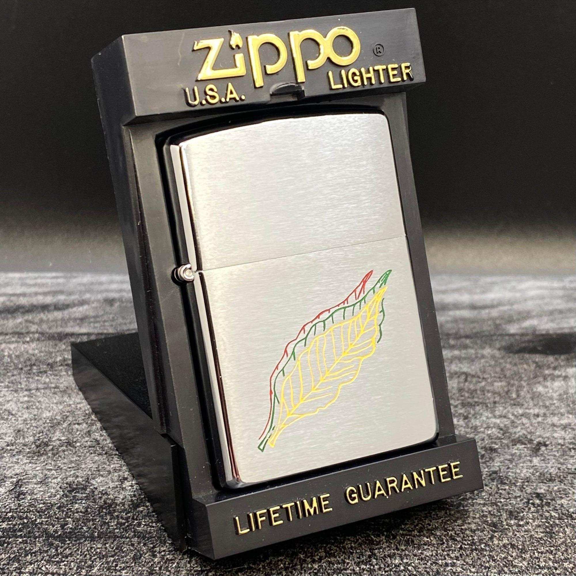 1998 Zippo Lighter - Etch & Paint Tobacco Leaves - Brushed Chrome - Riley's 66 LLC