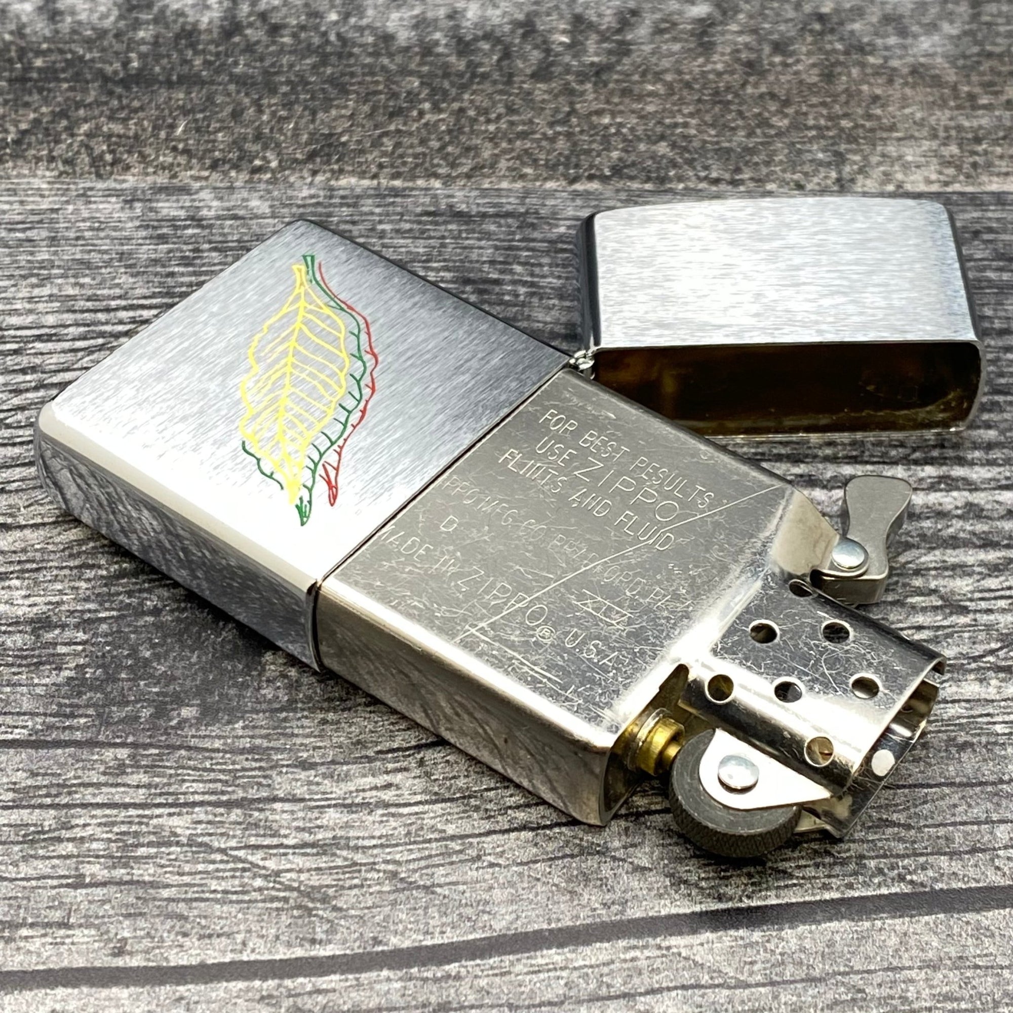 1998 Zippo Lighter - Etch & Paint Tobacco Leaves - Brushed Chrome - Riley's 66 LLC