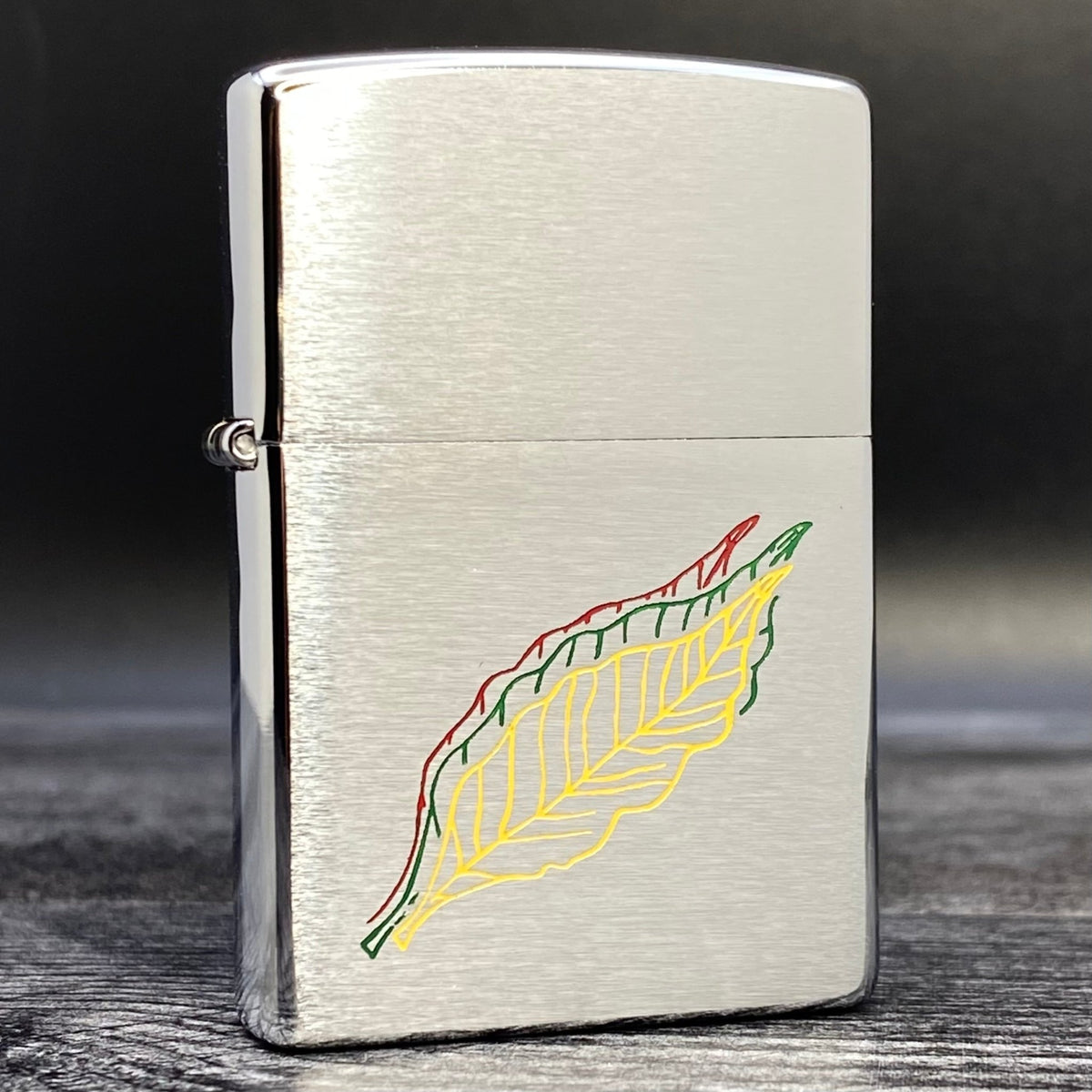 1998 Zippo Lighter - Etch &amp; Paint Tobacco Leaves - Brushed Chrome - Riley&#39;s 66 LLC