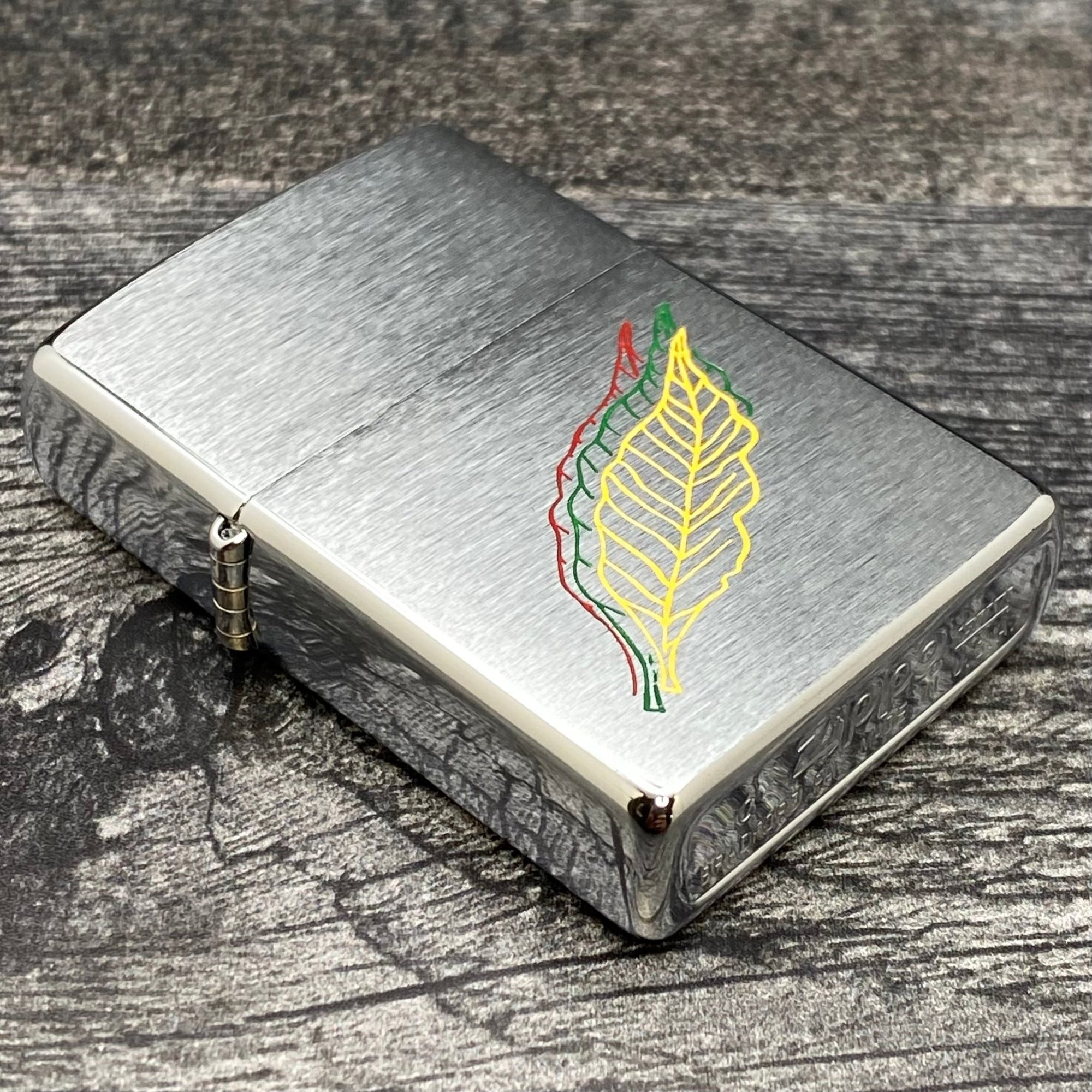 1998 Zippo Lighter - Etch & Paint Tobacco Leaves - Brushed Chrome - Riley's 66 LLC