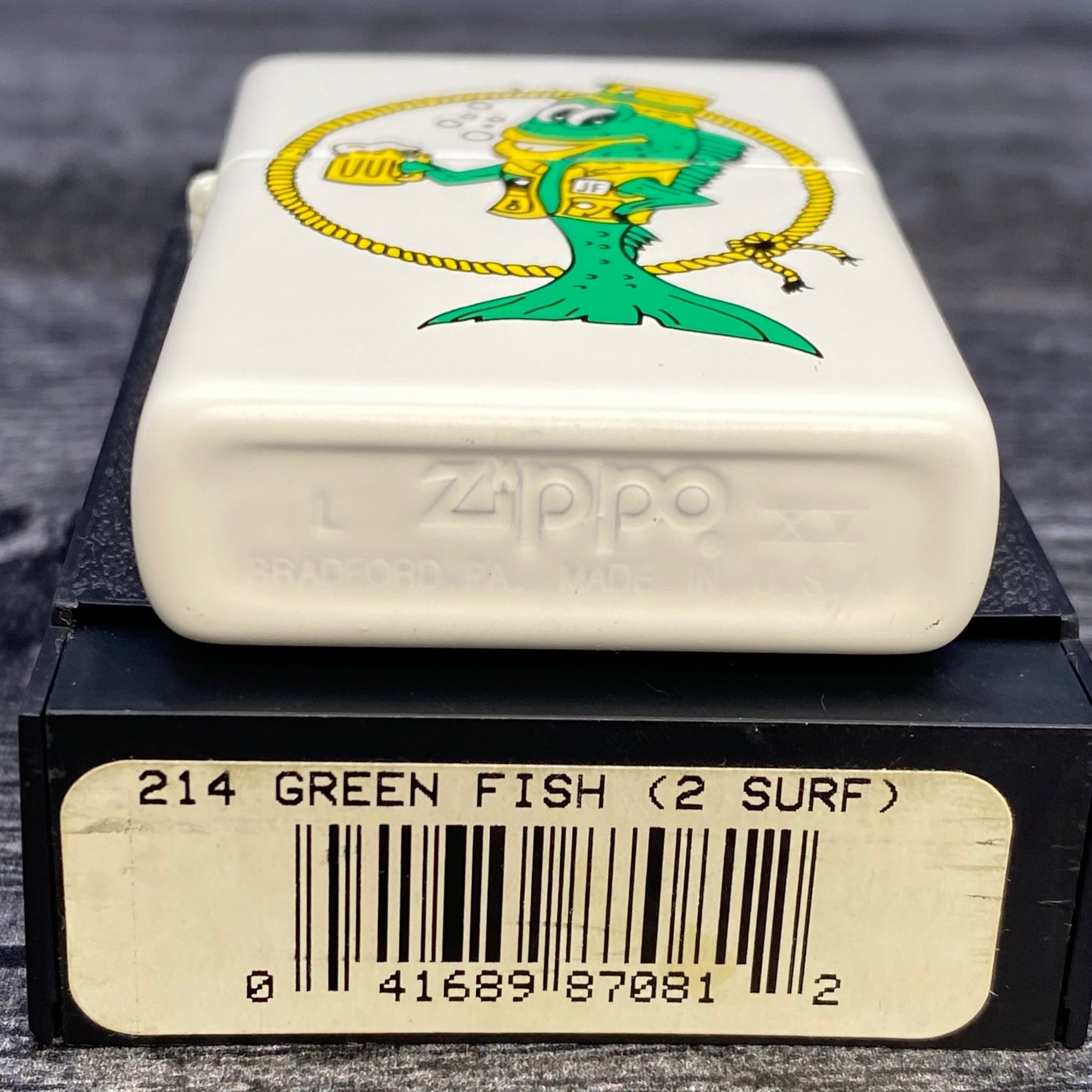 1999 Zippo Lighter - Green Fish - White Matte - Riley's 66 LLC