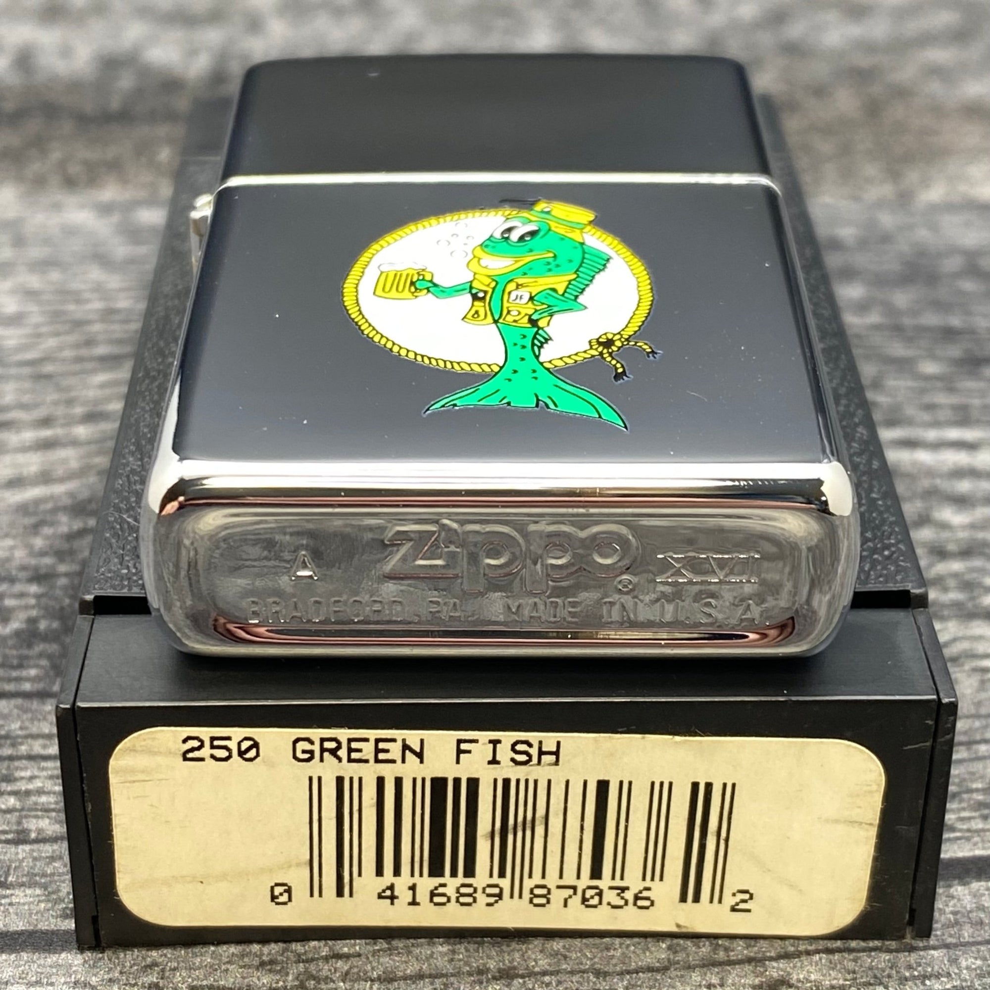 2000 Zippo Lighter - Green Fish - High Polish Chrome - Riley's 66 LLC