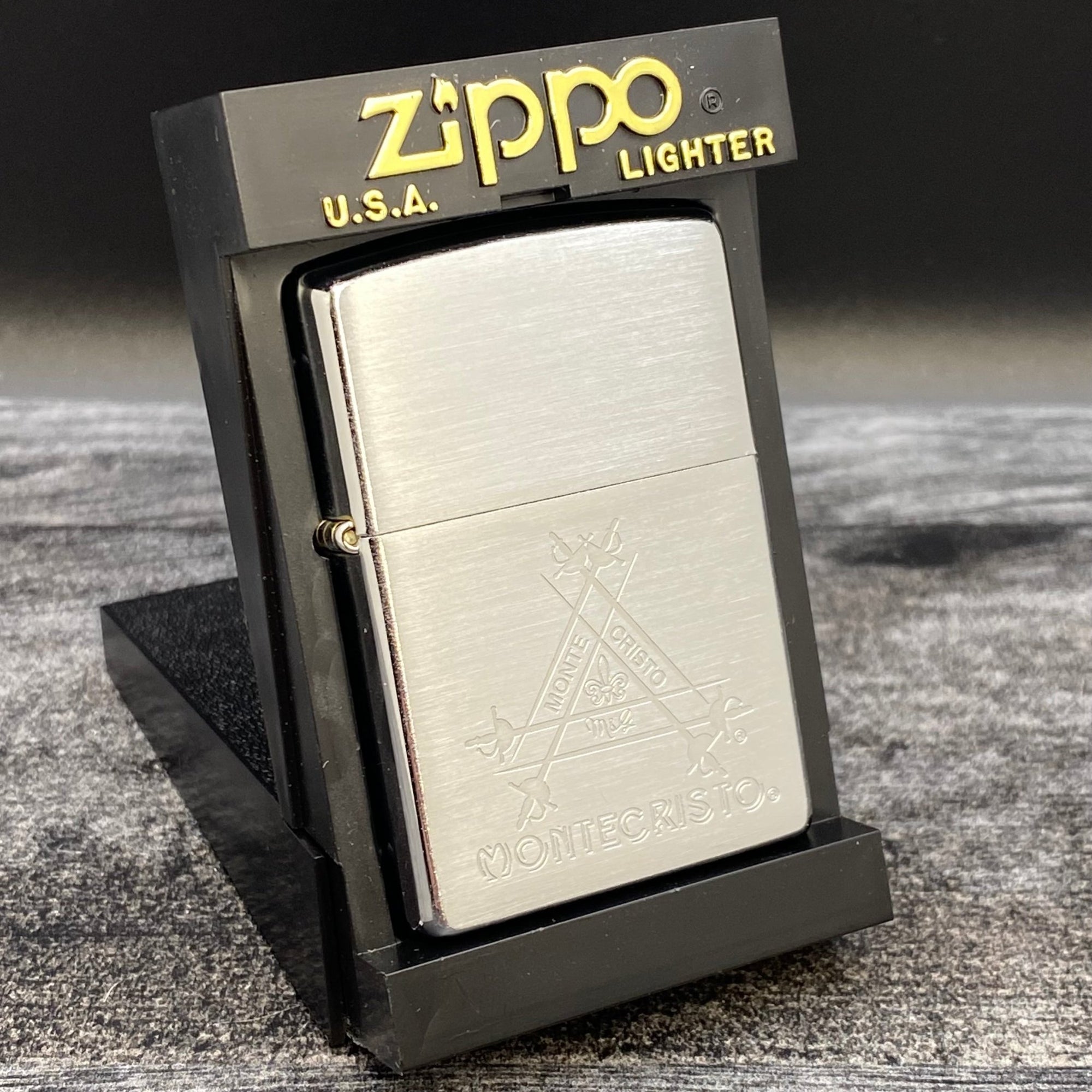 2001 Zippo Lighter - Montecristo Cigars - Brushed Chrome - Riley's 66 LLC