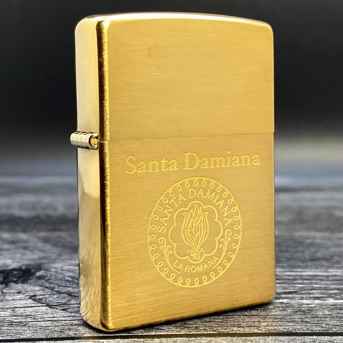 2001 Zippo Lighter - Santa Damiana Cigars - Brushed Brass - Riley&#39;s 66 LLC