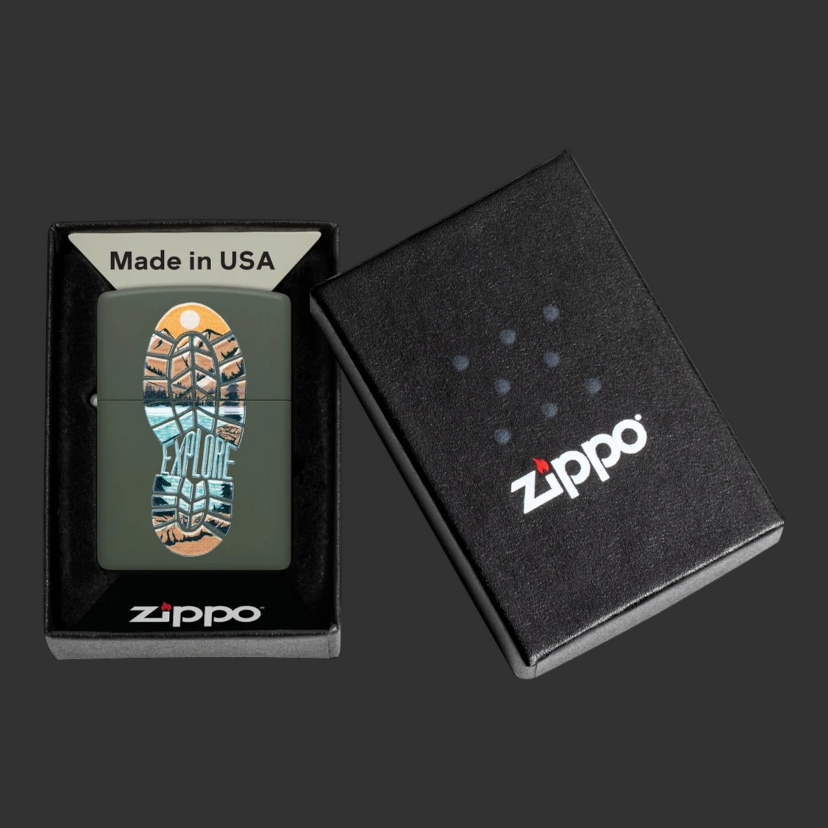 Green Matte Step Out Zippo lighter with mountain landscape inside a footprint and “Explore” inscription in Original Box.