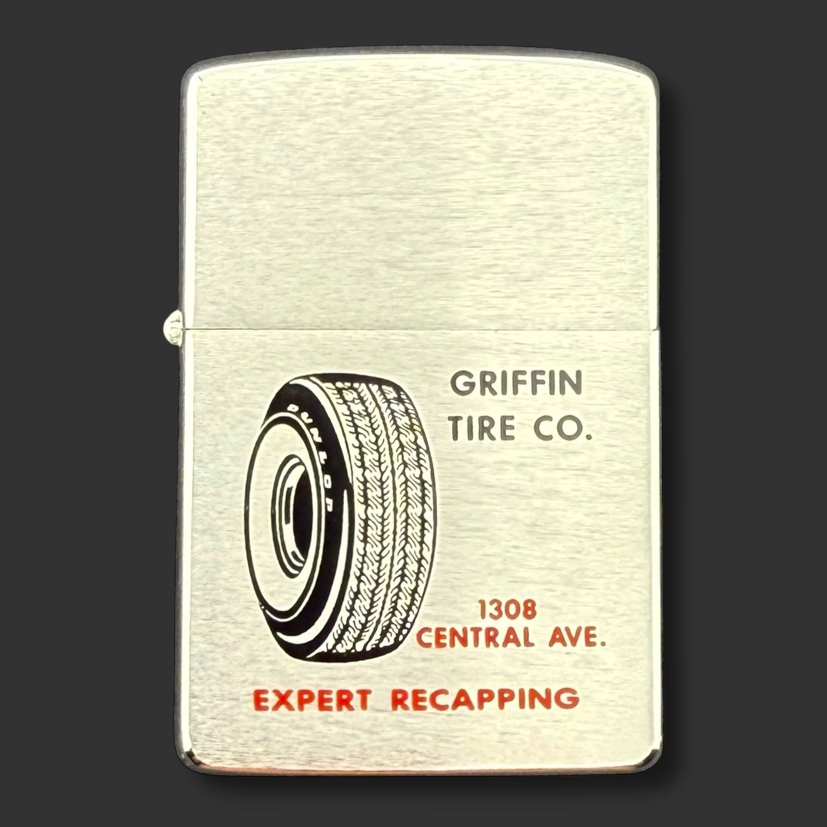 1962 Zippo Lighter - Griffin Tire Co - Dunlop - Brushed Chrome
