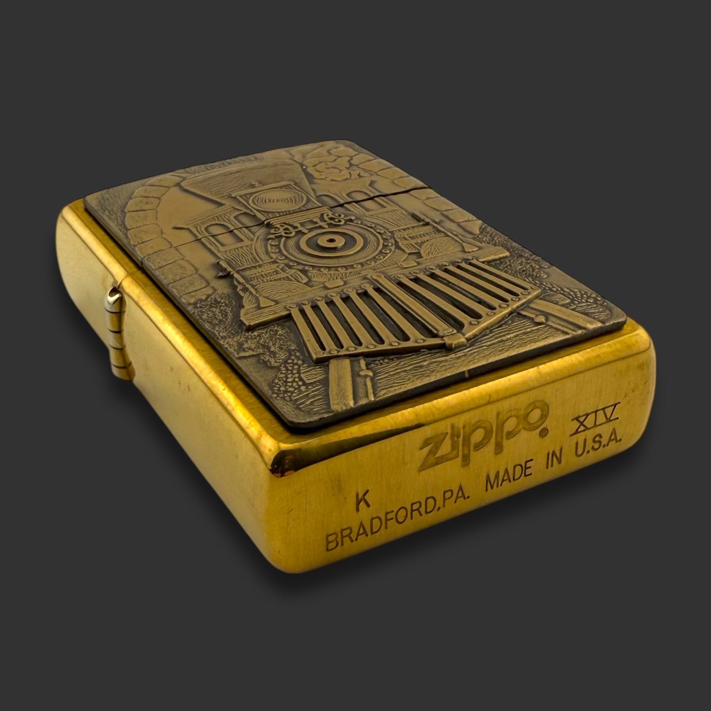 1998 Zippo Lighter - Barrett Smythe Train - Brushed Brass