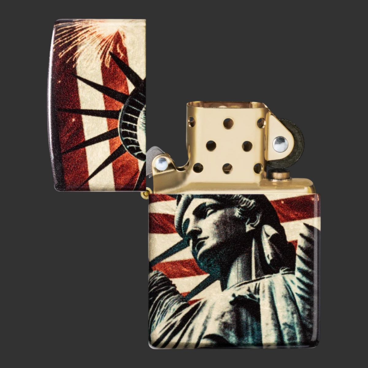 Open Lid View Tumbled Brass Spark of Liberty Zippo lighter with Statue of Liberty, American flag and fireworks design.