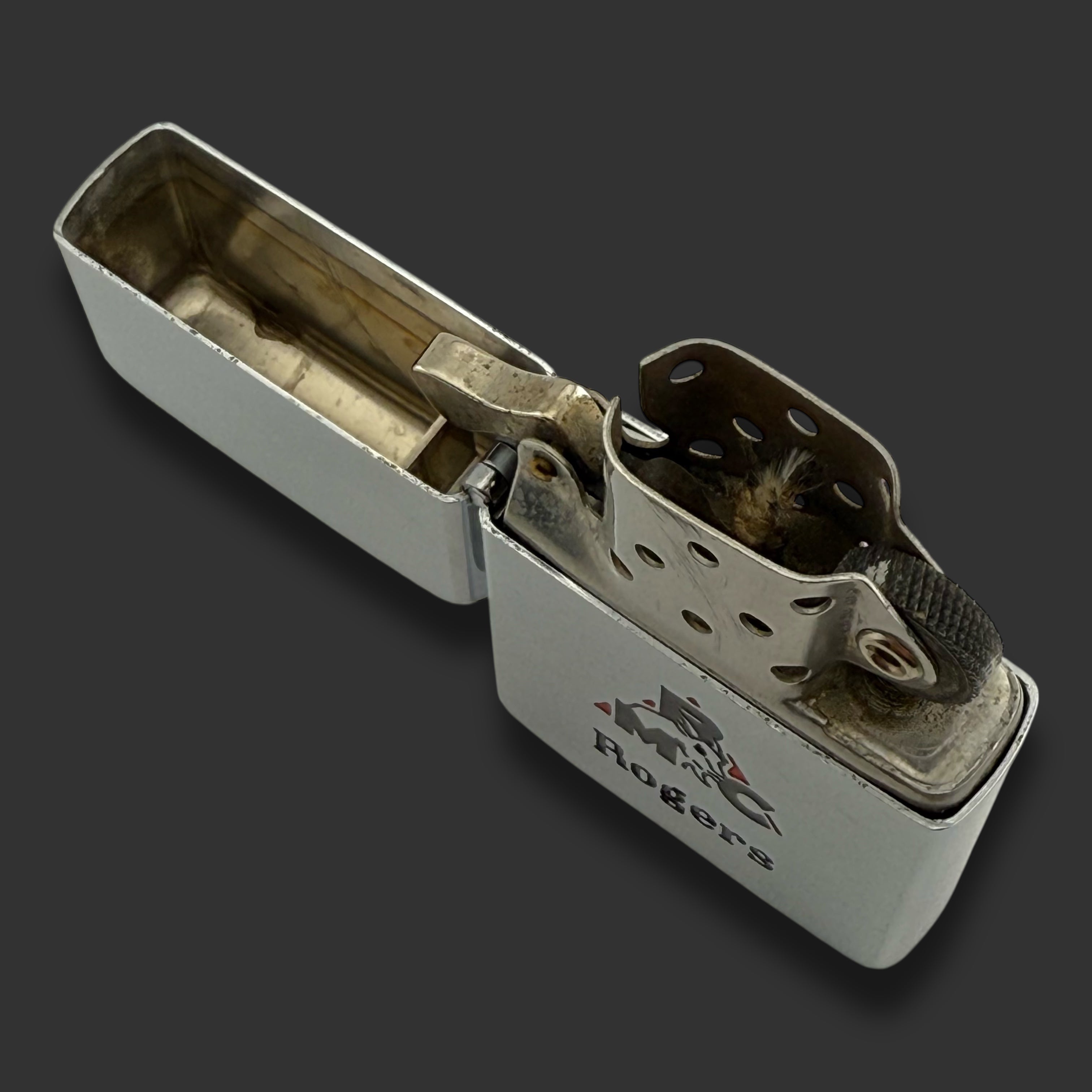 1955 Zippo Lighter - Roger Machinery Company - Etch & Paint - Brushed Chrome