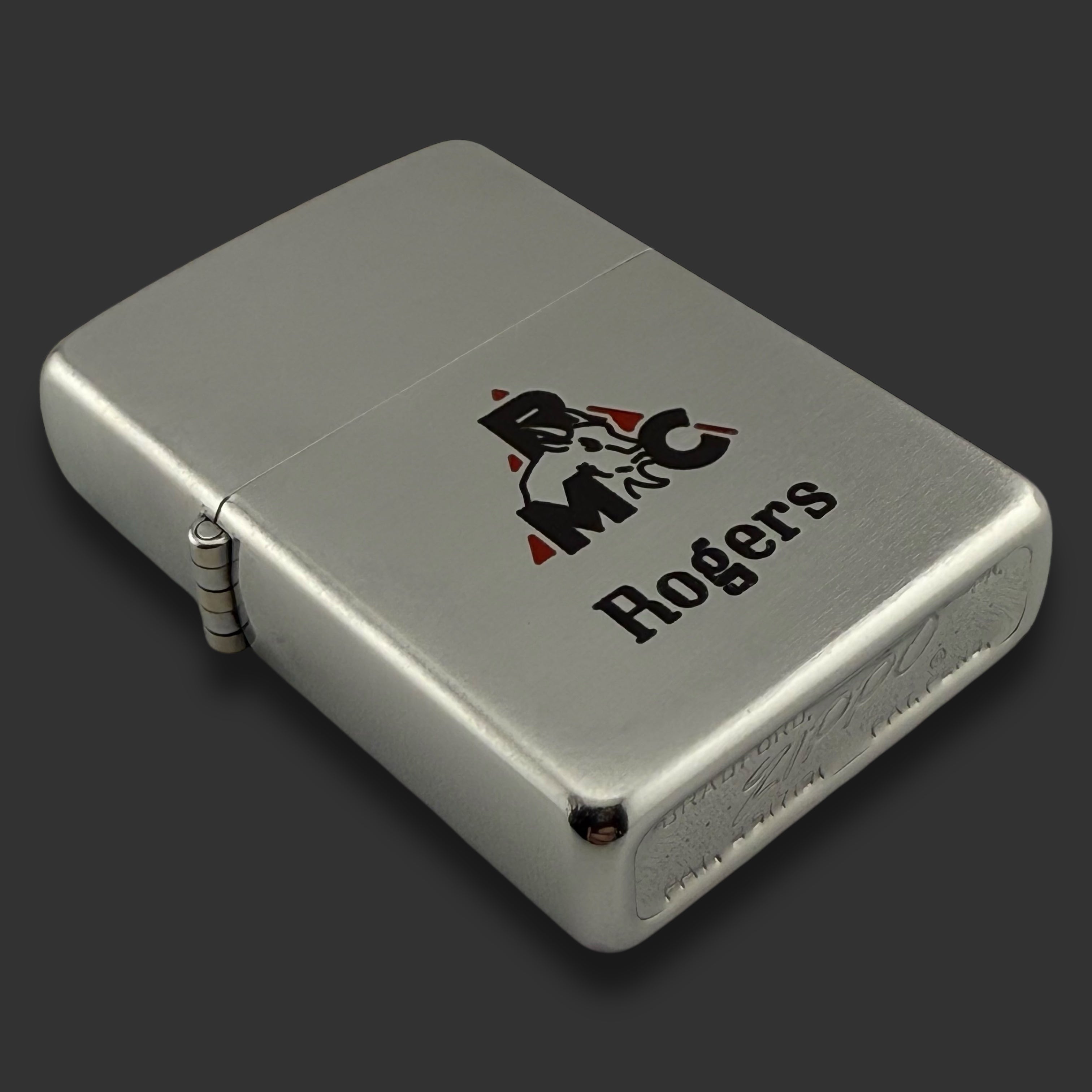1955 Zippo Lighter - Roger Machinery Company - Etch & Paint - Brushed Chrome