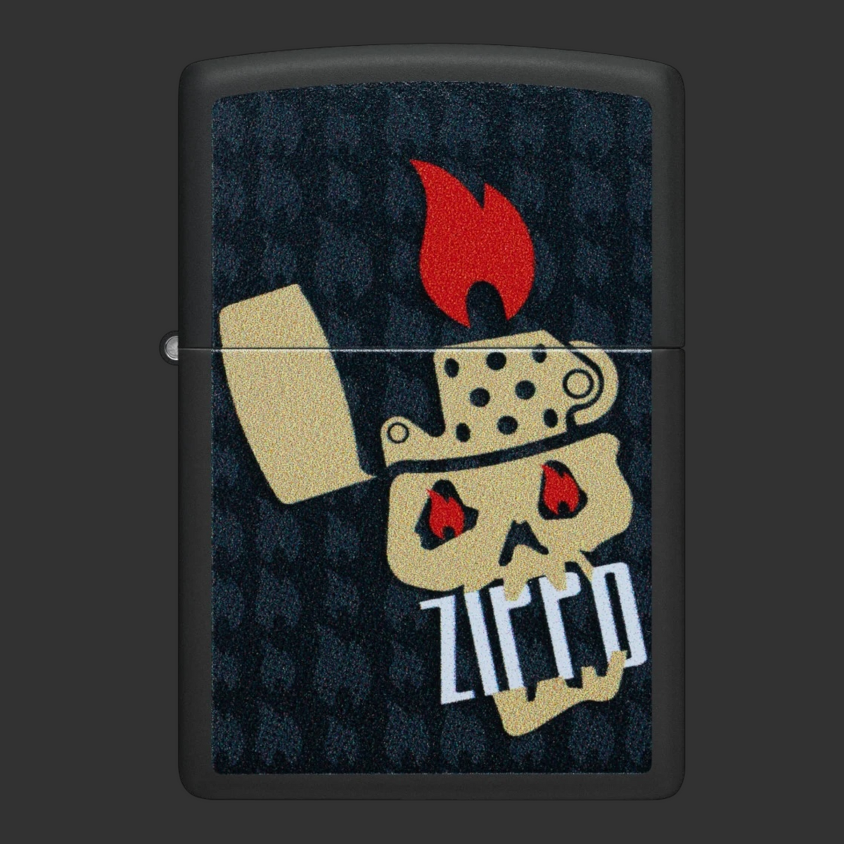 Black Matte Skull and Flames Zippo lighter with grinning skull and surrounding Zippo flame icons.