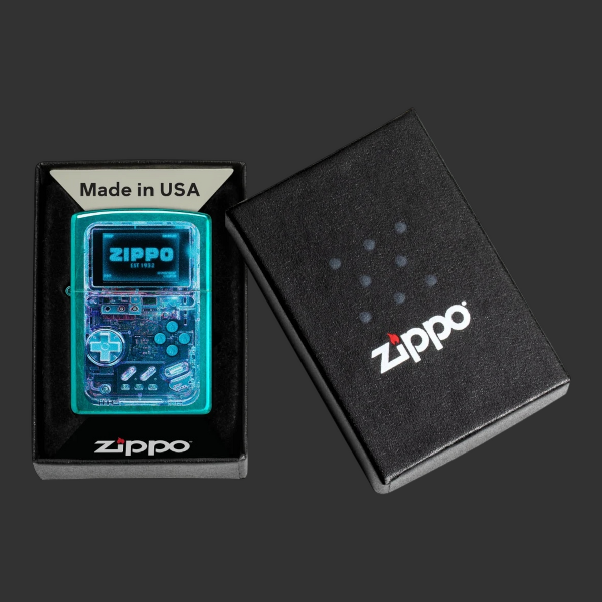 Candy Teal Game On Zippo lighter with retro translucent gaming-device design in original box.