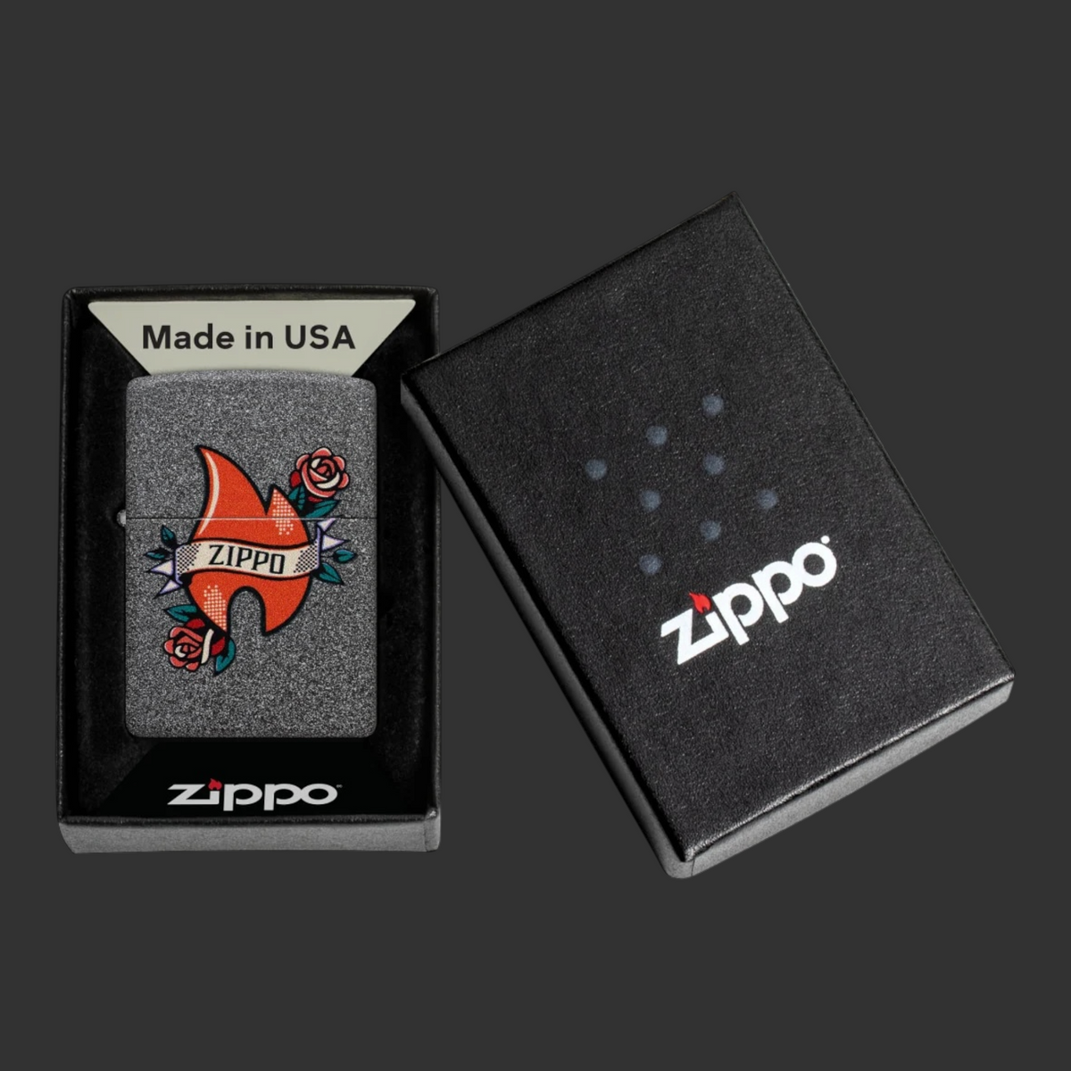 Iron Stone Flame Tattoo Zippo lighter with heart tattoo, Zippo flame icon and roses in original box