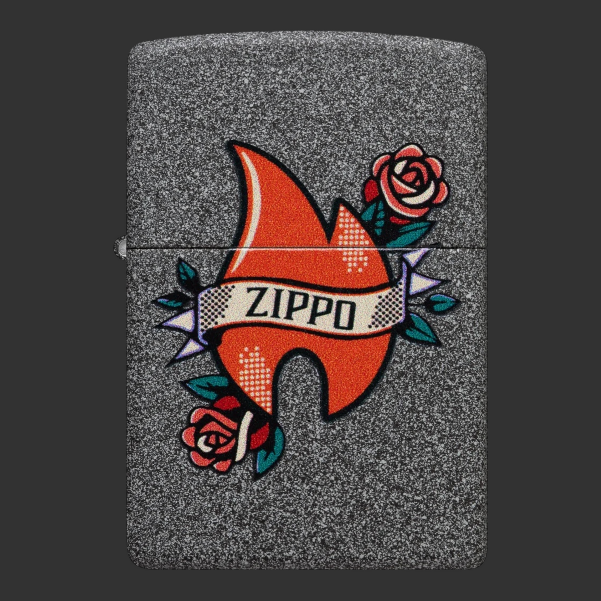 Iron Stone Flame Tattoo Zippo lighter with heart tattoo, Zippo flame icon and roses