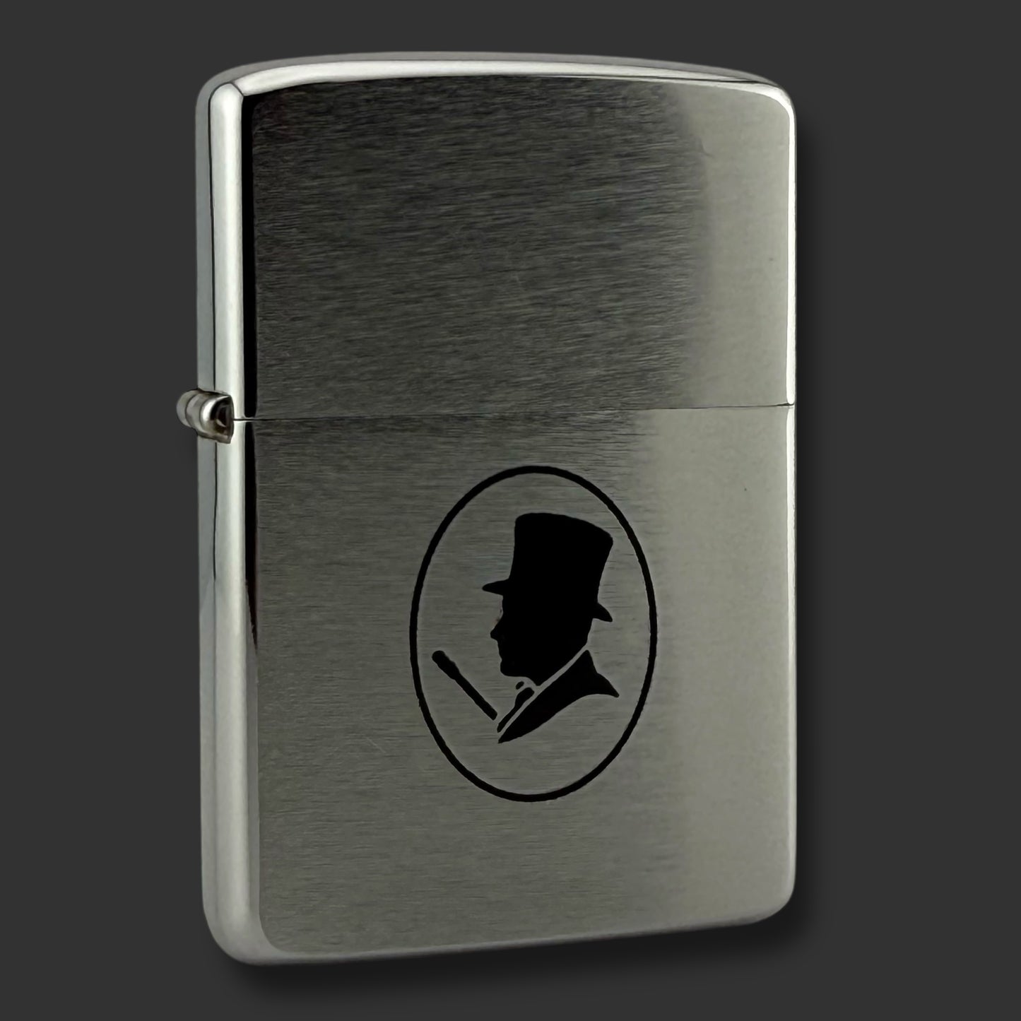 1963 Zippo Lighter - Man in Top Hat - Etch & Paint - Brushed Chrome