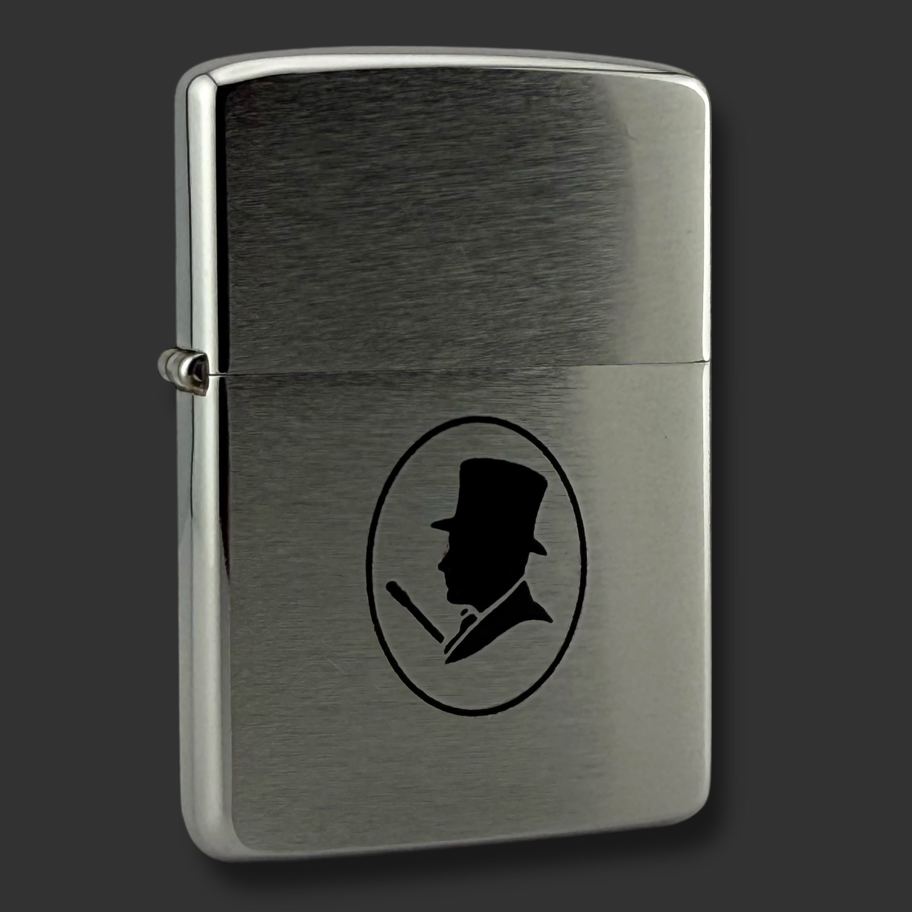 1963 Zippo Lighter - Man in Top Hat - Etch & Paint - Brushed Chrome