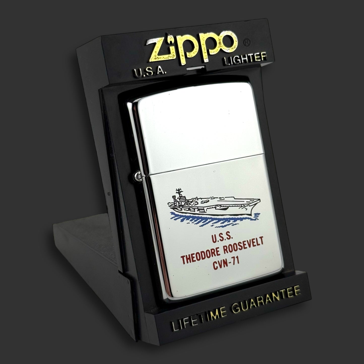 1990 Zippo Lighter - USS Roosevelt - Etch & Paint - High Polish Chrome