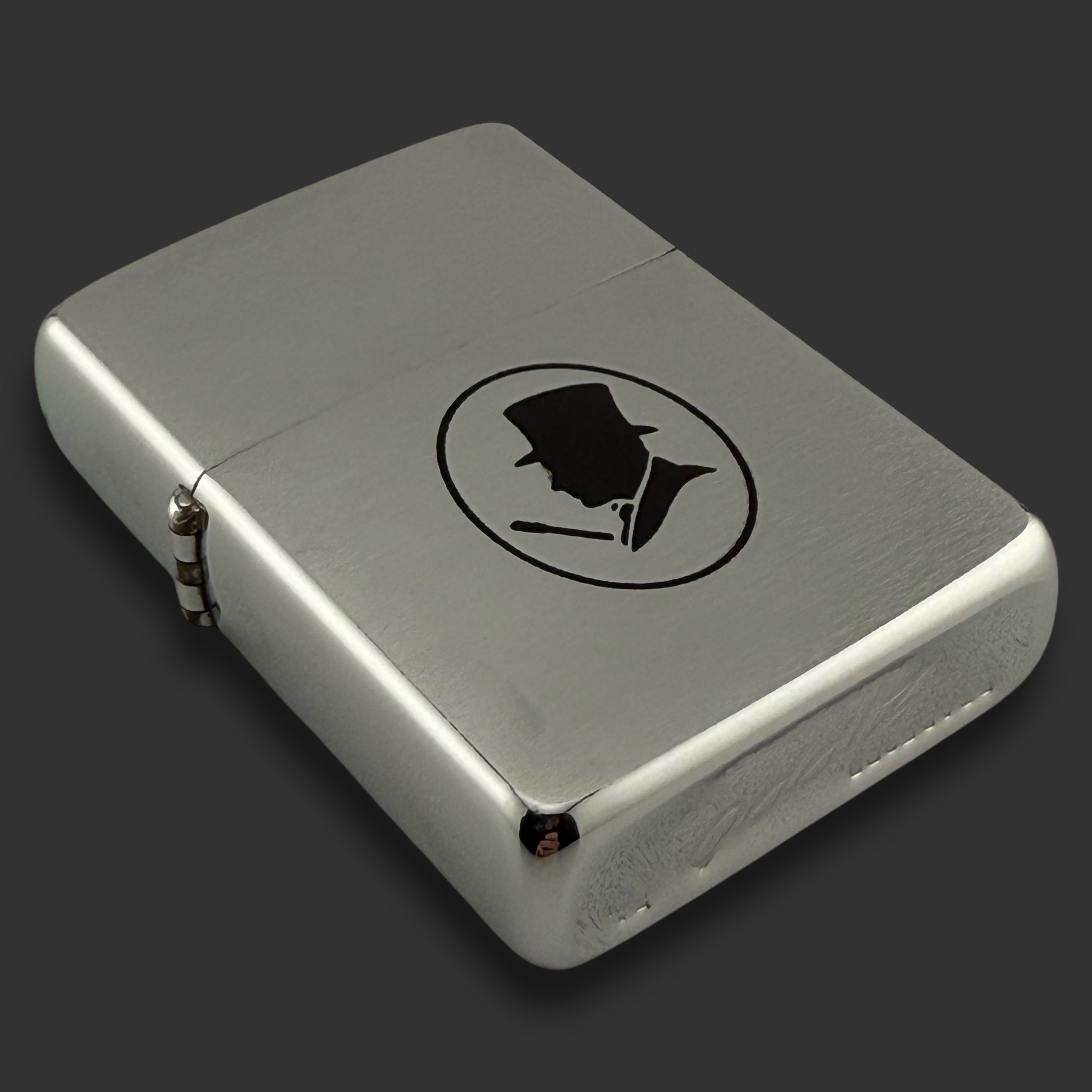 1963 Zippo Lighter - Man in Top Hat - Etch & Paint - Brushed Chrome