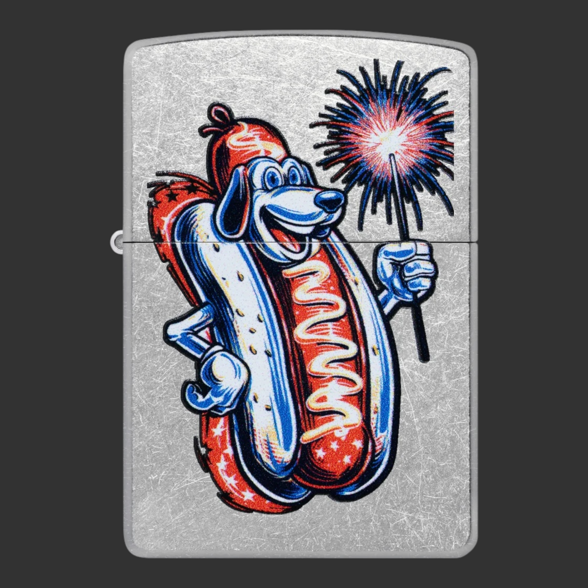 Freedom Frank Street Chrome Zippo lighter with patriotic hot dog holding a sparkler.
